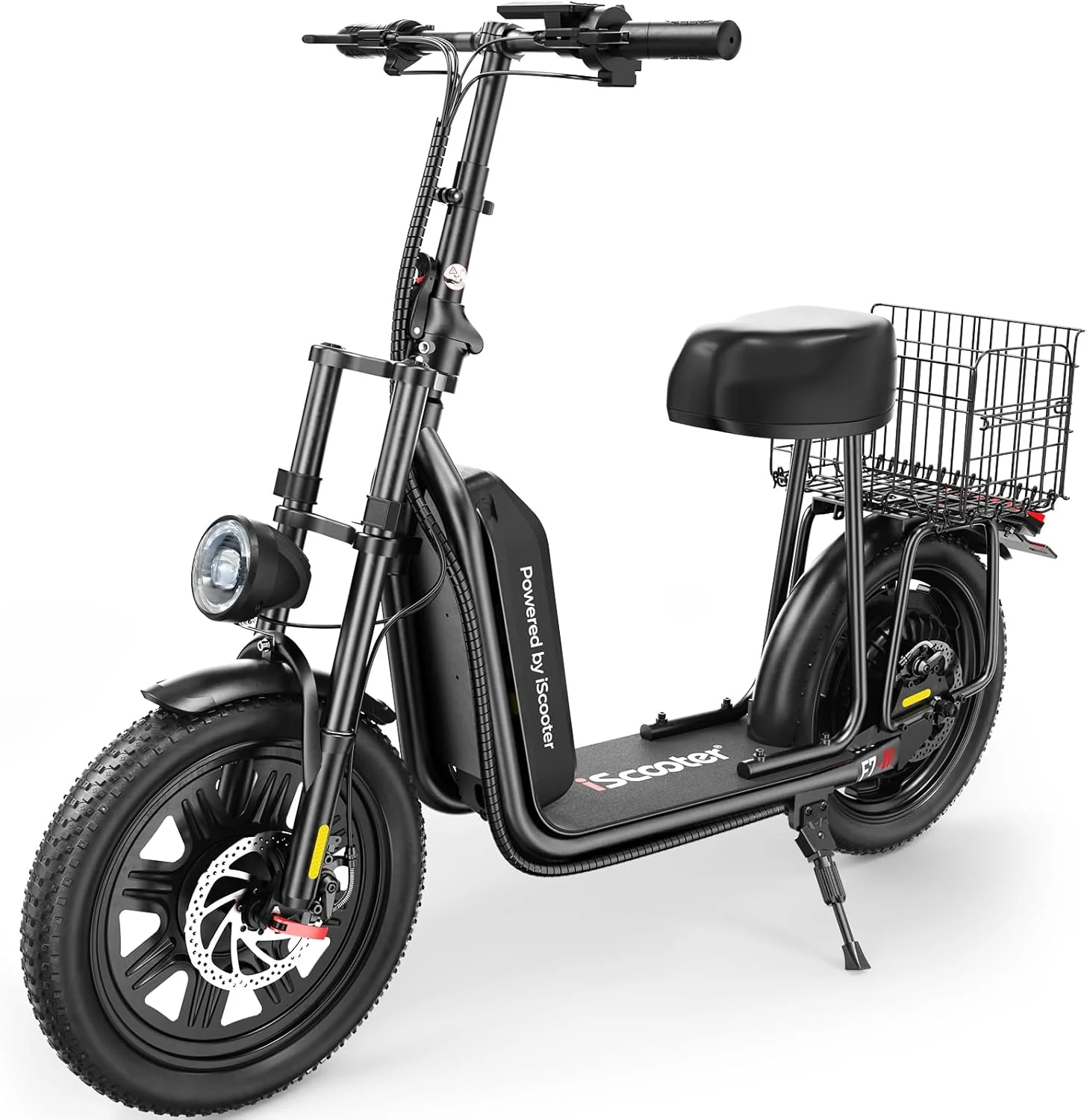 iScooter electric scooter with seat. 37/21 mile range. 28/19/15.6 mph top speed. dual suspension scooter with basket