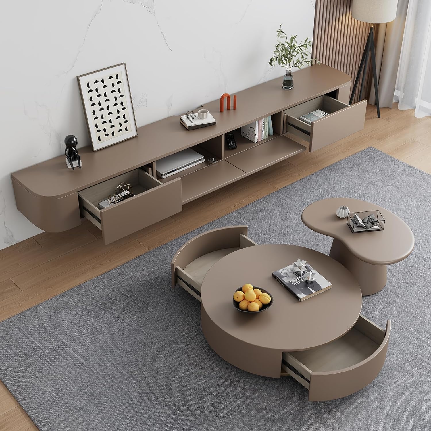 Schwebender TV-Ständer, Wandmontierte TV-Regale Mit Tür, TV-Medienkonsole, Schwebender TV-Schrank, Große TV-Bank Mit Stauraum Unter Dem Fernseher(Khaki,300CM/118.1