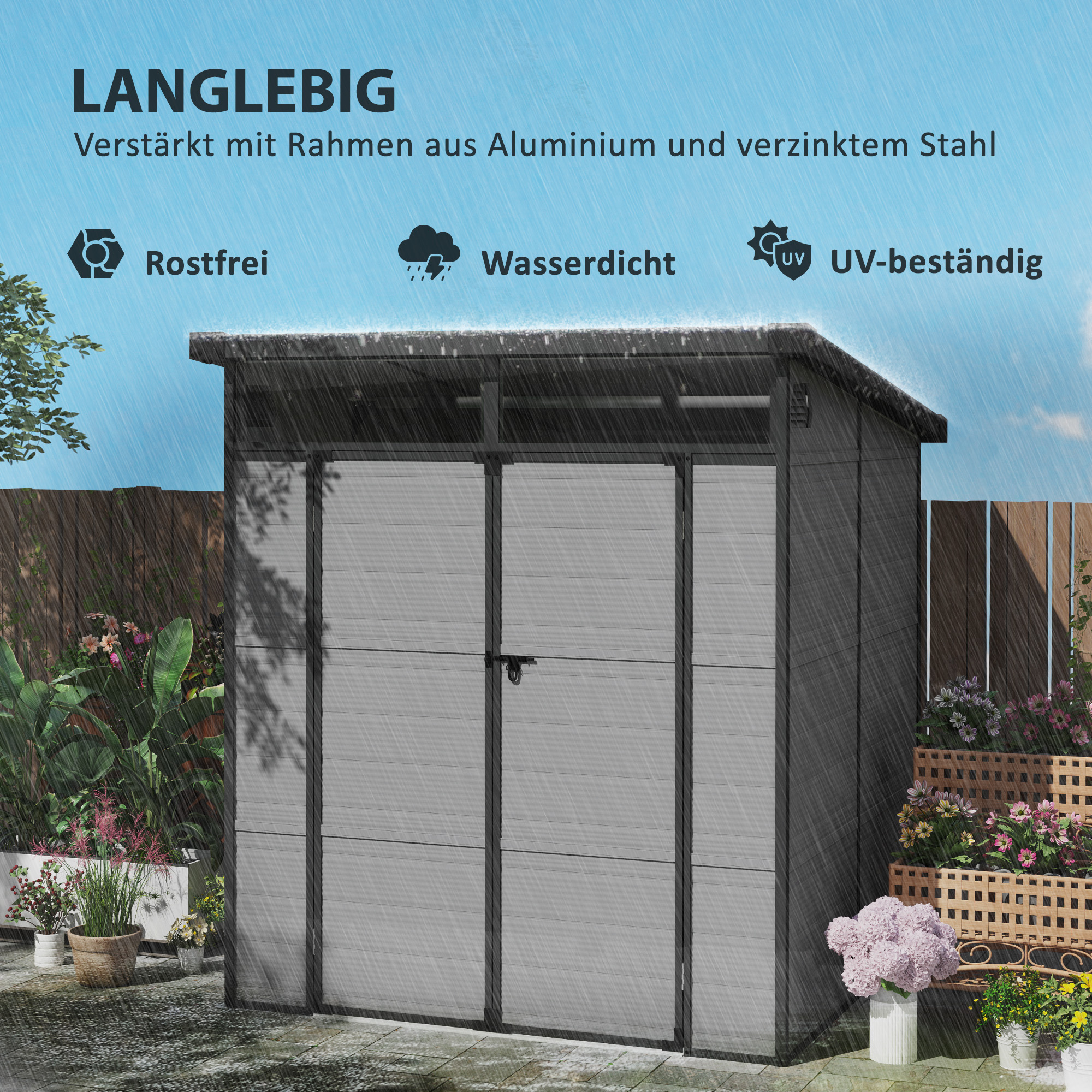 Outsunny 1,9 x 1,9 m Tuinschuur, Opslagschuur uit Kunststof, met Afsluitbare Deuren, 2 Ventilatieopeningen, Lichtgrijs