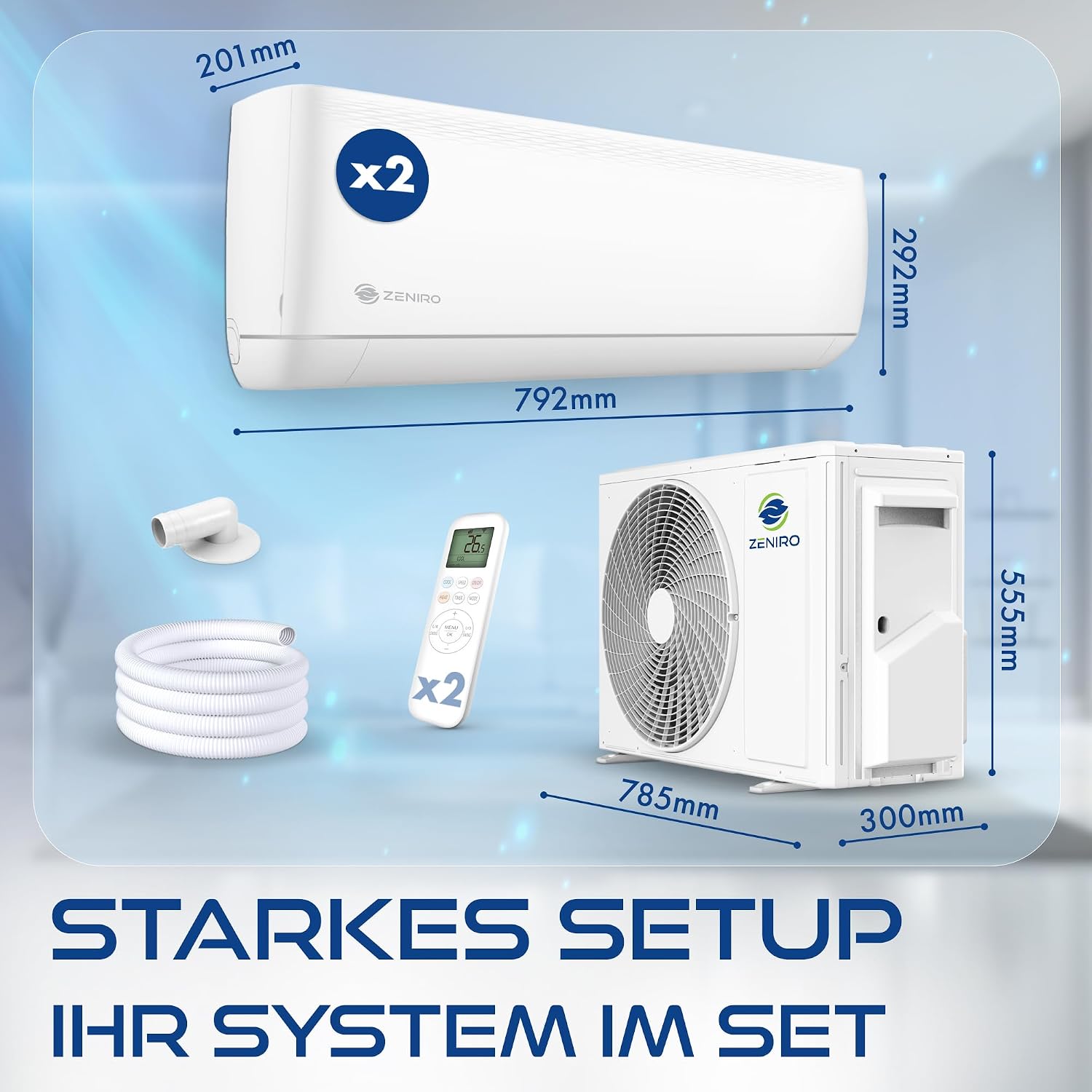 Klimaanlage Multi Split Klimagerät Set Air Conditioner mit Heizfunktion (2x 2,6kW (jeweils bis 45m²) | Außen: 5,3kW)