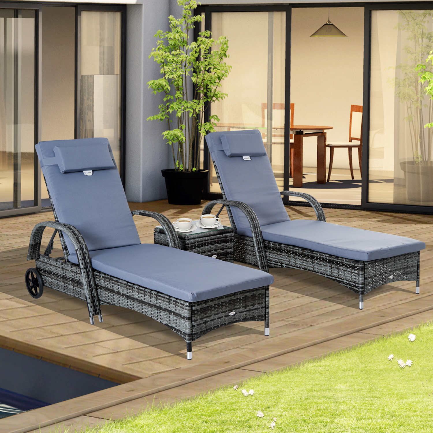 Poly-rotan ligstoelset met tafel ligbank voor buiten tuinmeubelen met kussens