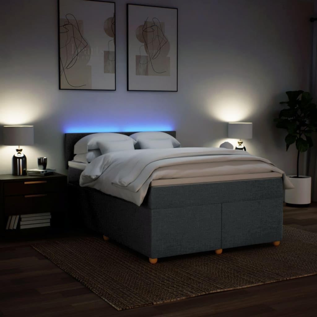 vidaXL Boxspringbett, Doppelbett mit LED Matratze Matratzenauflage, Bettgestell mit Lattenrost Kopfteil, Polsterbett Bett für Schlafzimmer, Dunkelgrau 140x200cm Stoff