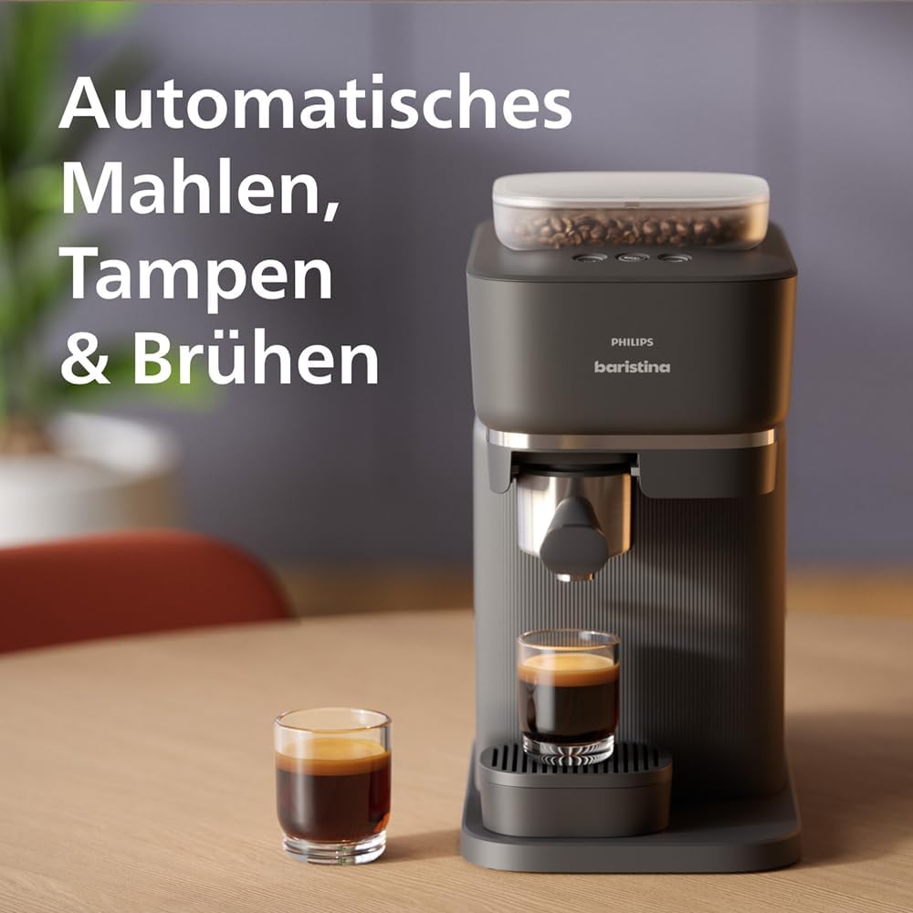Baristina Espressomaschine und Milchaufschäumer Paket –Automatisches Mahlen, Tampen & Brühen, 16 Bar, Kaffeemaschine mit Mahlwerk & Siebträger, leichte Reinigung, Schwarzgrau (BAR308/60)