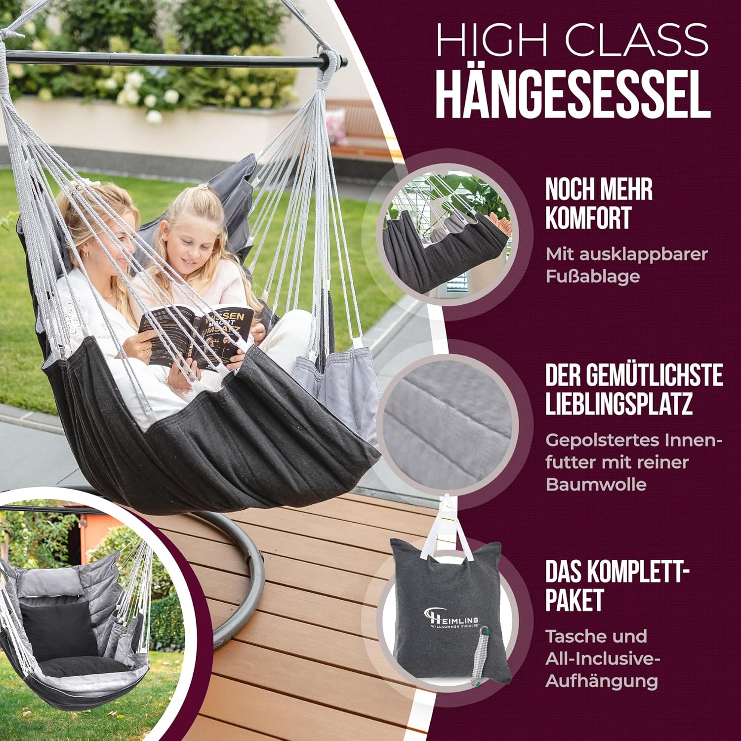 Hängesessel High-Class Outdoor & Indoor XXL [All Inclusive Paket mit Aufhängung + 3 Kissen] Kinder & Erwachsene bis 150 kg | Hängematte Wohn- Schlafzimmer, Garten Balkon Terrasse