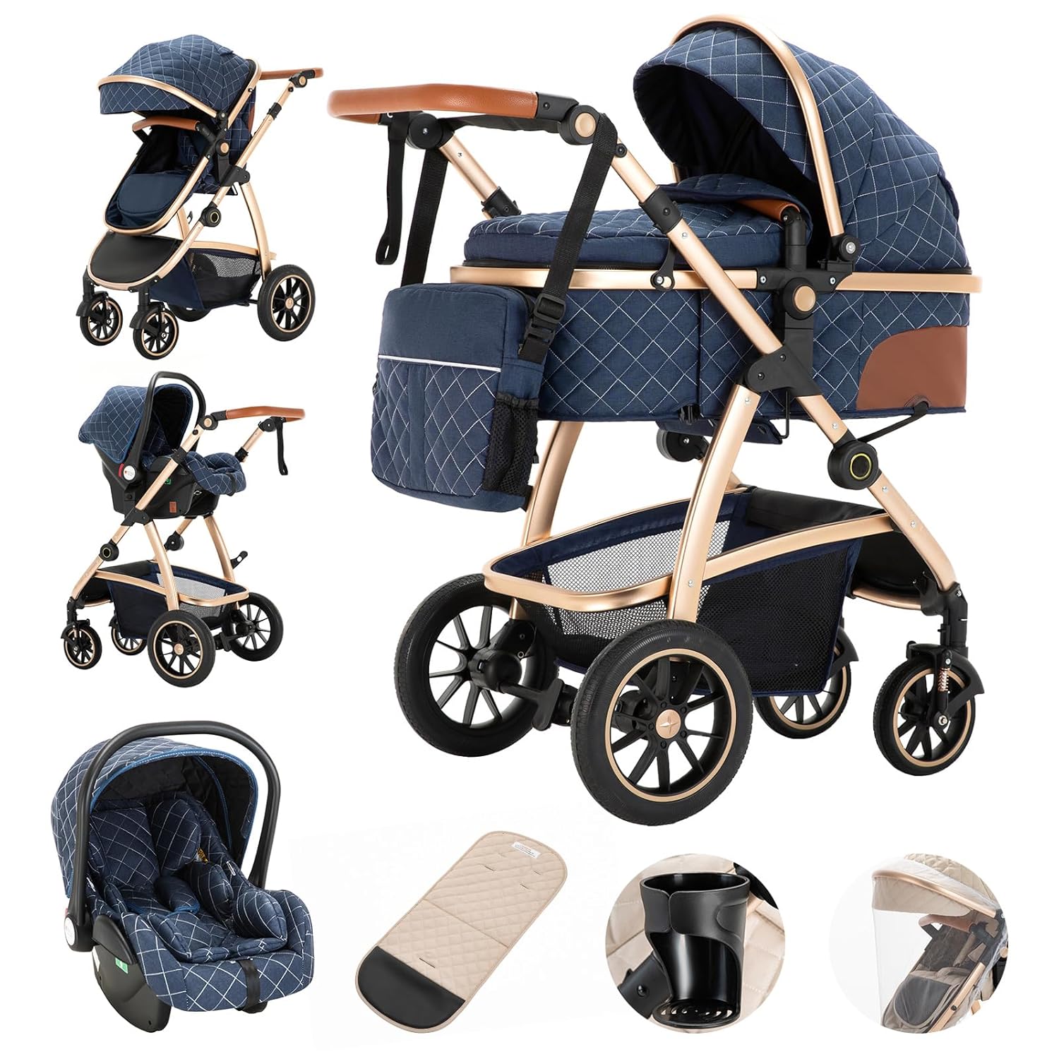 Gcarebb 3 in 1 Kinderwagen, Buggy Mit Auto Babyschale, Mit Höhenverstellbarer Kinderwagen Komplettset, KombiKinderwagen Mit Aluminiumrahmen für Neugeborene 0-4 Jahre