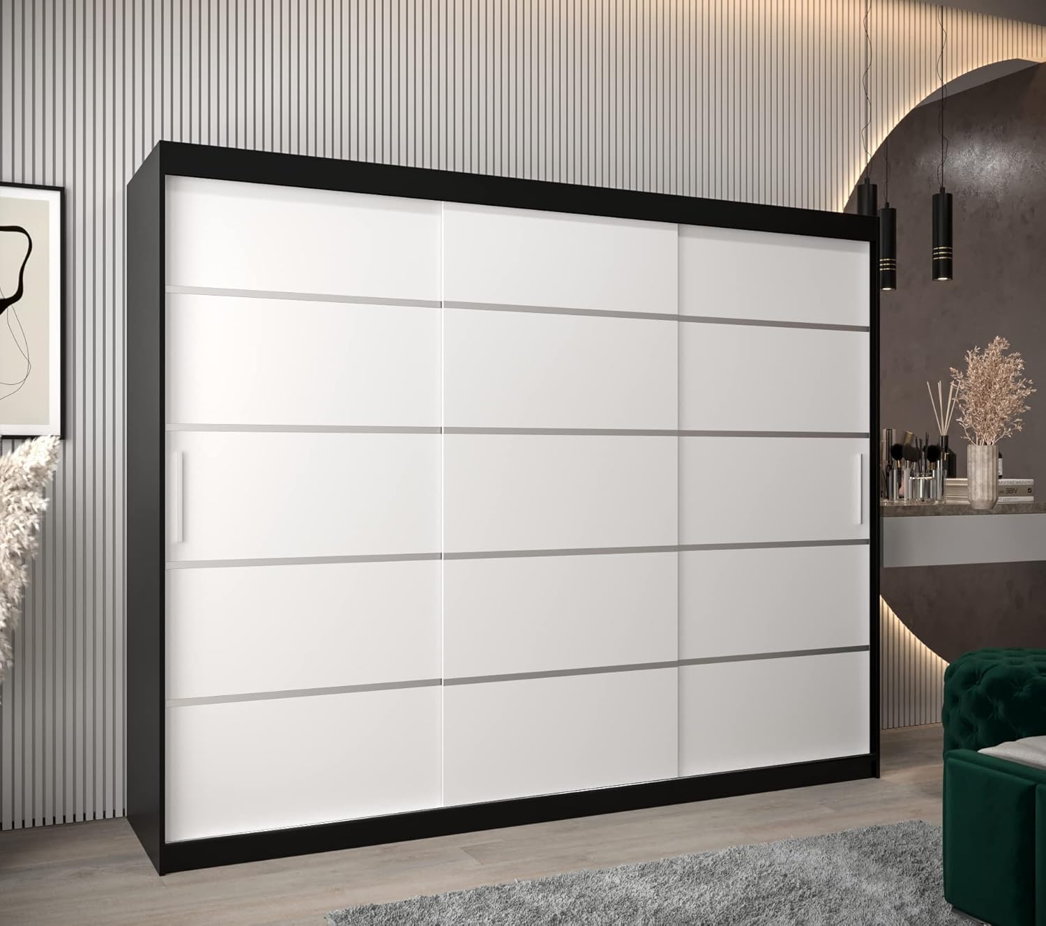 ABIKSMEBLE Verona 1 250 Sliding Door Wardrobe with Bar and Shelf Bedroom Wardrobe (Matte Black + Matte White)