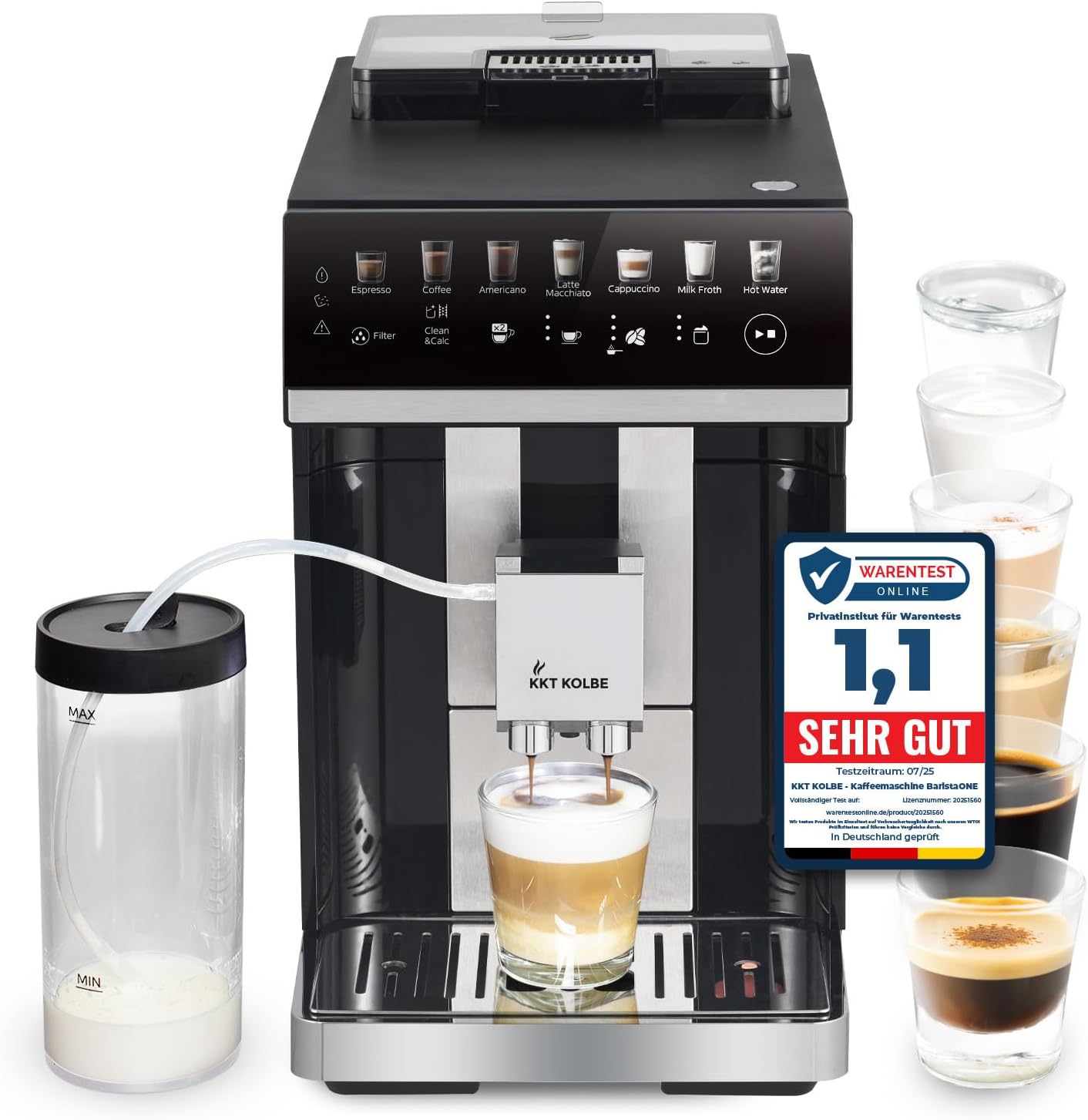 KKT KOLBE One Kaffeevollautomat mit Milchbehälter, Milchschaumdüse und Zubehör, 2 Tassen Funktion, 15 Bar, 7-stufiges Mahlwerk, Touchscreen, Automatische Reinigung, 7 Getränke, schwarz silber