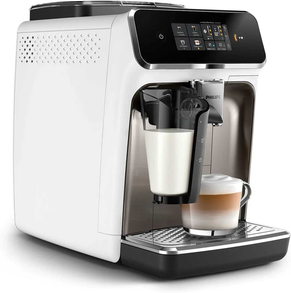 Philips 2300 Serie Vollautomatische Espressomaschine - 4 Getr?nke, modernes Farb-Touchscreen-Display, LatteGo-Milchsystem, SilentBrew, Keramikmahlwerk, AquaClean-Filter. Wei?es Chrom (EP2333/40)