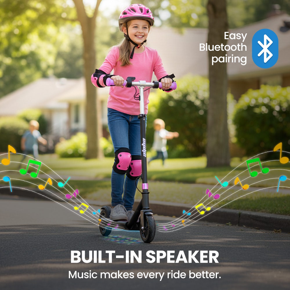 ALPHA Edge Electric Scooter Kids/Teens, 16km/h Max, Adjustable Height, UL Certified, AU Compliant, Dual Brakes, Bluetooth Music, LED, Pink