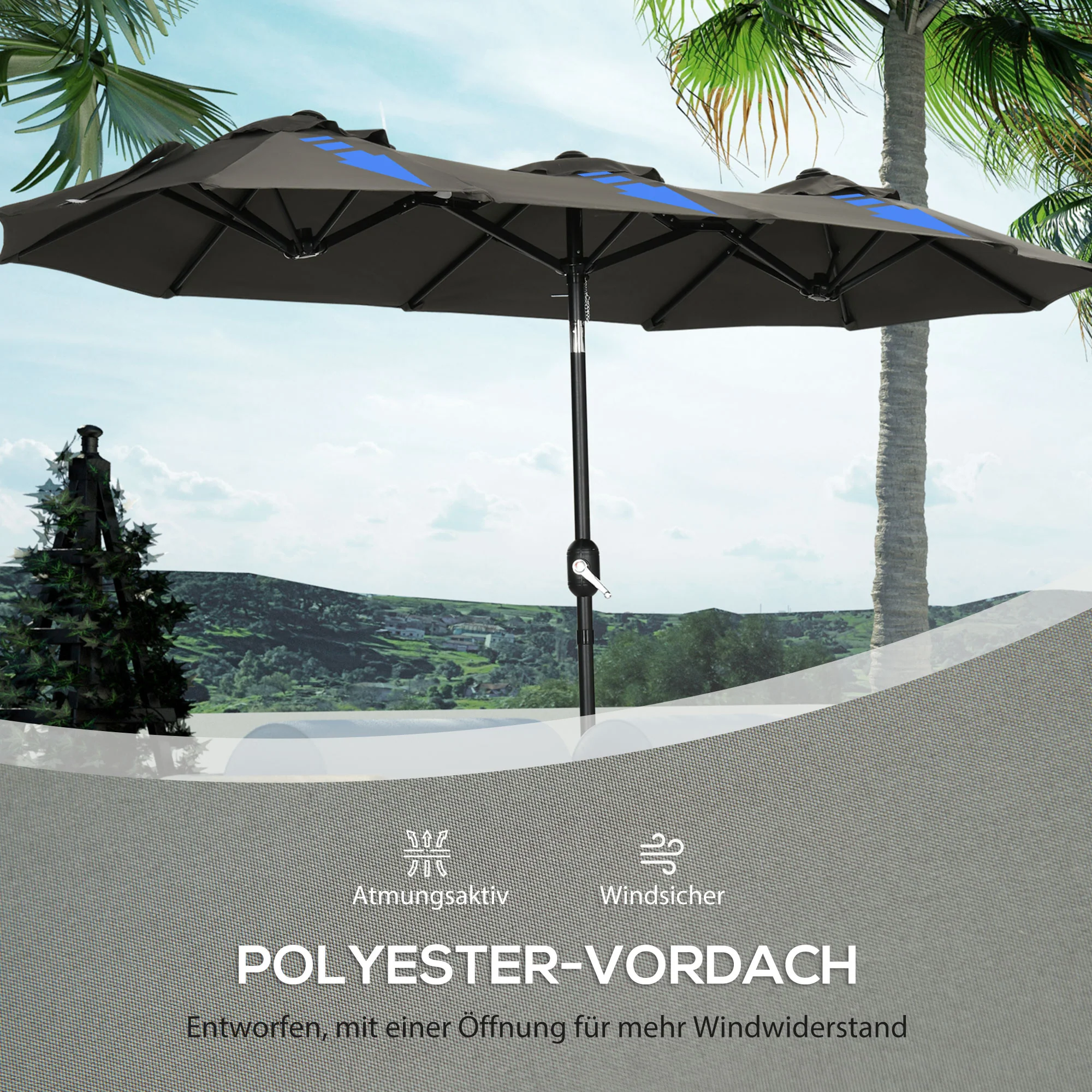 Outsunny parasol, tuinparasol, kantelbaar, met handslinger, winddak, polyester+staal, grijs, 285 x 147 cm