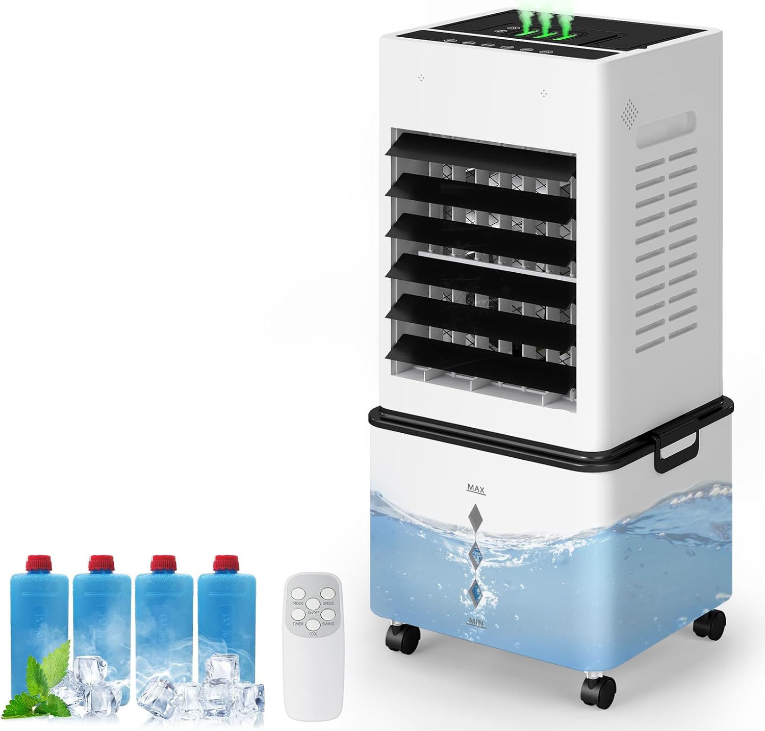 Mobiler Luftkühler 10L,3-in-1 Verdunstungskühler mit Fernbedienung,LED-Beleuchtung,Luftbefeuchter,6 Geschwindigkeiten,24H-Timer,LED-Display,Leise,für Zuhause Schlafzimmer Büro