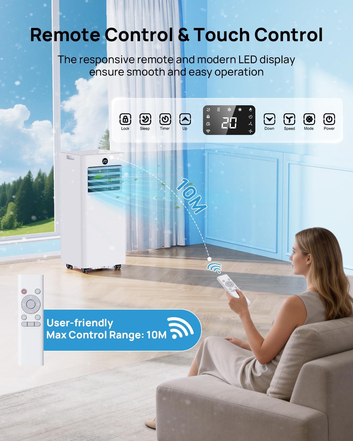 Klimaanlage Mobil 7000 BTU, Mobiles Klimagerät mit Abluftschlauch, Kühl-/Ventilations-/ Entfeuchtungs-/Schlafmodus 4-in-1, Digitalanzeige & Fernbedienung, 24H Timer, 360° Rollen, Inklusive Fensterset