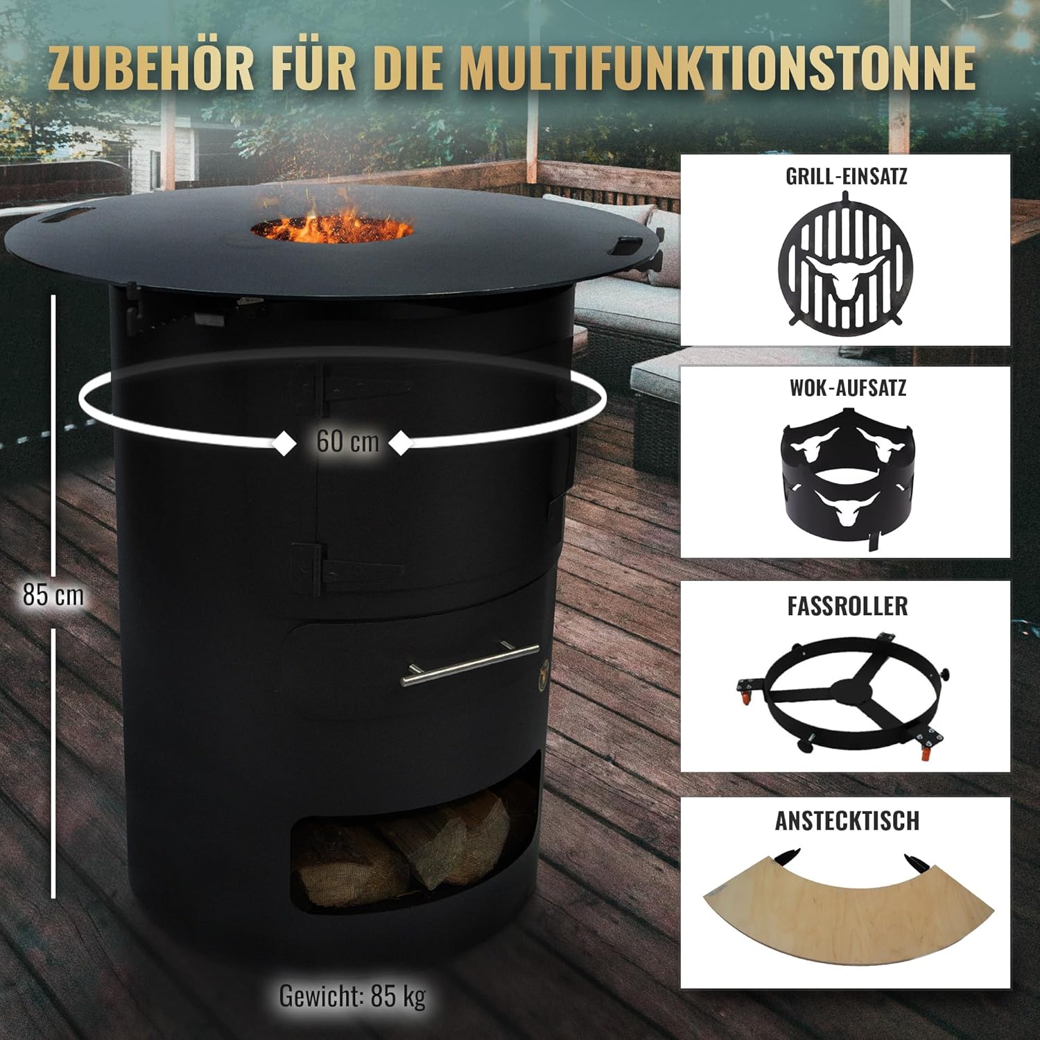 Komplettset – Multifunktionstonne mit 100cm Feuerplatte in 10mm Stärke #2066 – Feuerkorb & Zubehör – A. Weyck Tools Vielseitige Dutch Oven Station, Feuertonne & Grillfass – Hitzebeständig bis 700 Grad