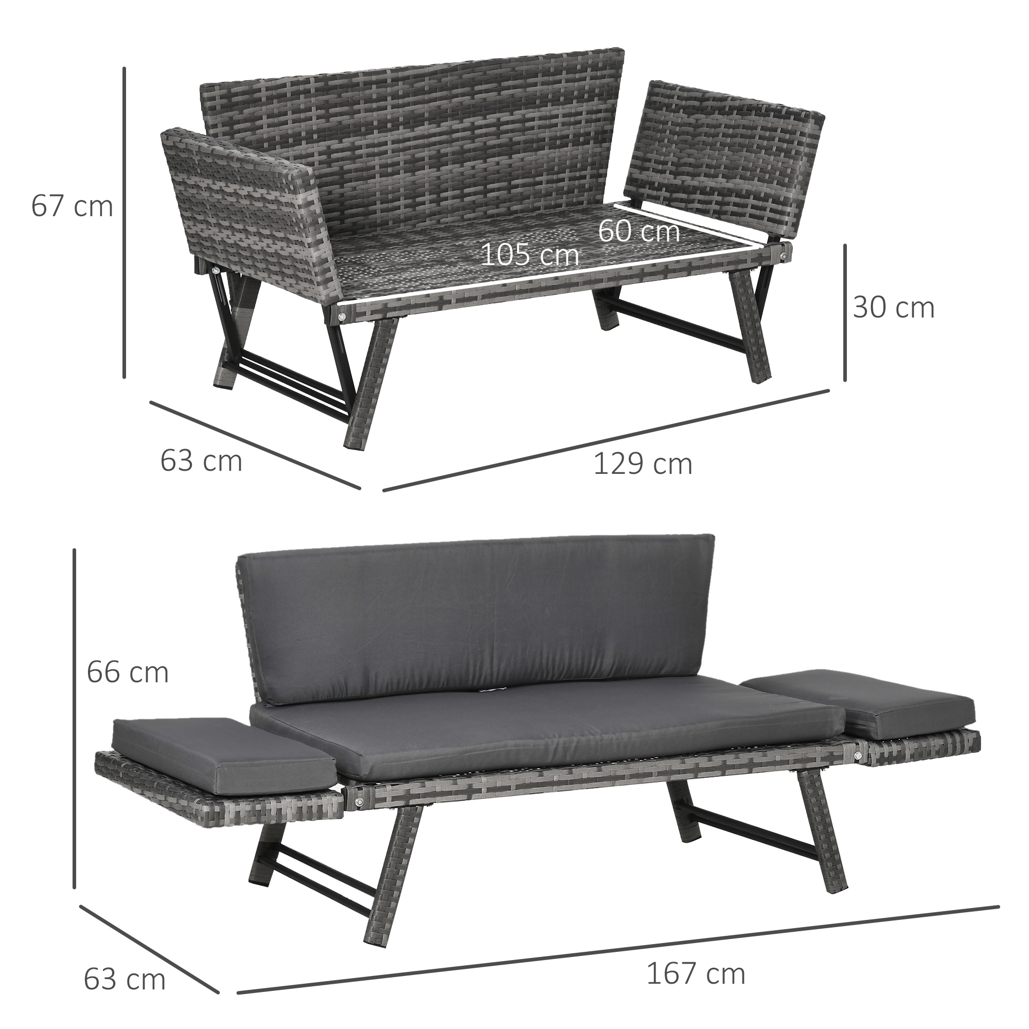 2-zits tuinbank met opklapbare armleuningen, grijs 129 x 66 x 67 cm