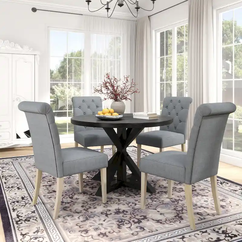 5 Piece Dining Table Set, Wooden Kitchen Furniture Set, Round Table with Cross-Buck Pedestal Base and 4 Tufted Chairs