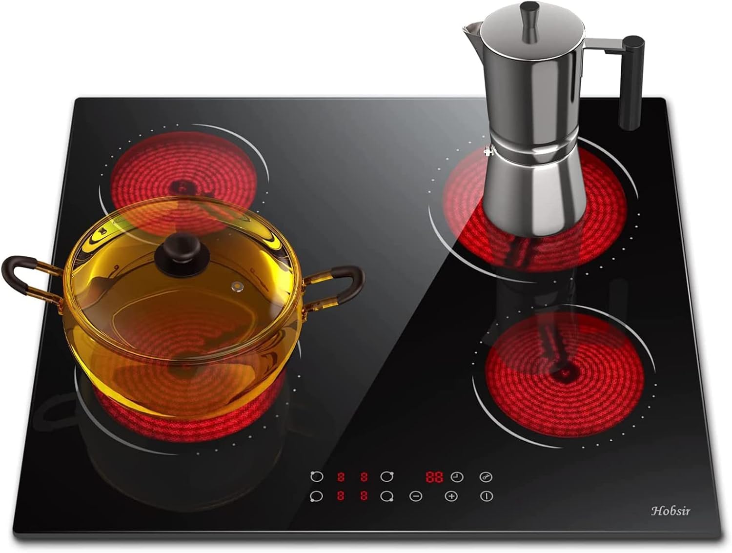 Glaskeramikkochfeld 4 Zonen Kochfelder Sensor-touch Control Kochfeld Autark 60cm, 6000W, 9 Leistungsstufe, verkabelt, kein Stecker