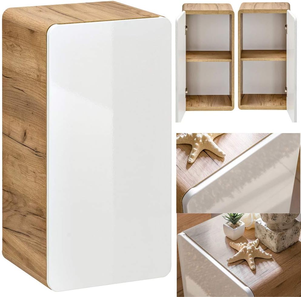 Lomadox Badmöbel Set in Hochglanz weiß mit Wotan Eiche Nb., Keramik-Waschtisch mit 81 cm Unterschrank, LED-Spiegelschrank, Hängeschränke, Hochschrank