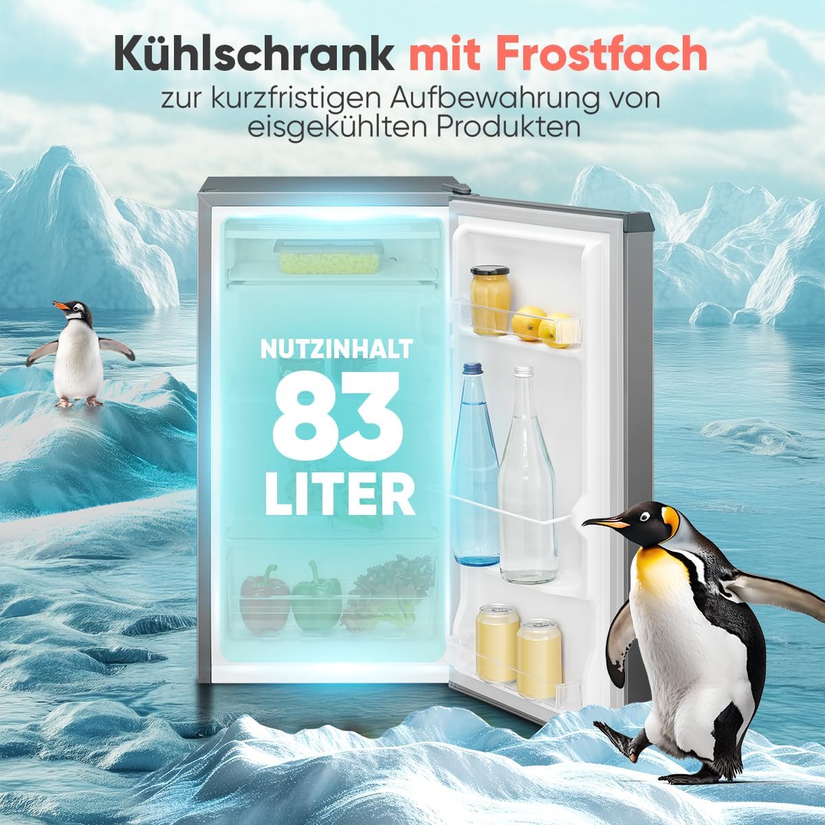 Bomann® Kühlschrank mit Frostfach | 83 Liter | energieeffizient, leise & kompakt | 0°C - 8°C, stufenlos regelbar | 2 Ablagen & Gemüsefach | LED Beleuchtung | Türanschlag wechselbar | KS 7257 inox