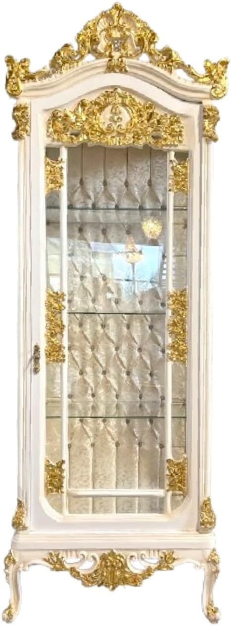 CasAmin Home & Living Baroque Style Display Cabinet: White Wood & Gold Leaf Showcase