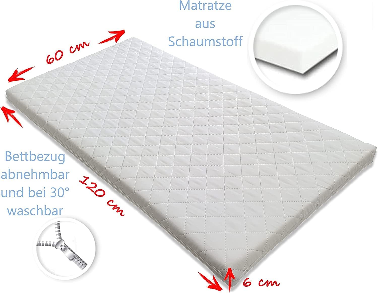 Bello24 - 16 Teiliges Babybett Kinderbett und Bettwäsche komplett Set Happy Leo inkl. Matratze höhenverstellbar für Neugeborene Babys und Kleinkinder aus Massivholz (Grau - Teddybär Mond)