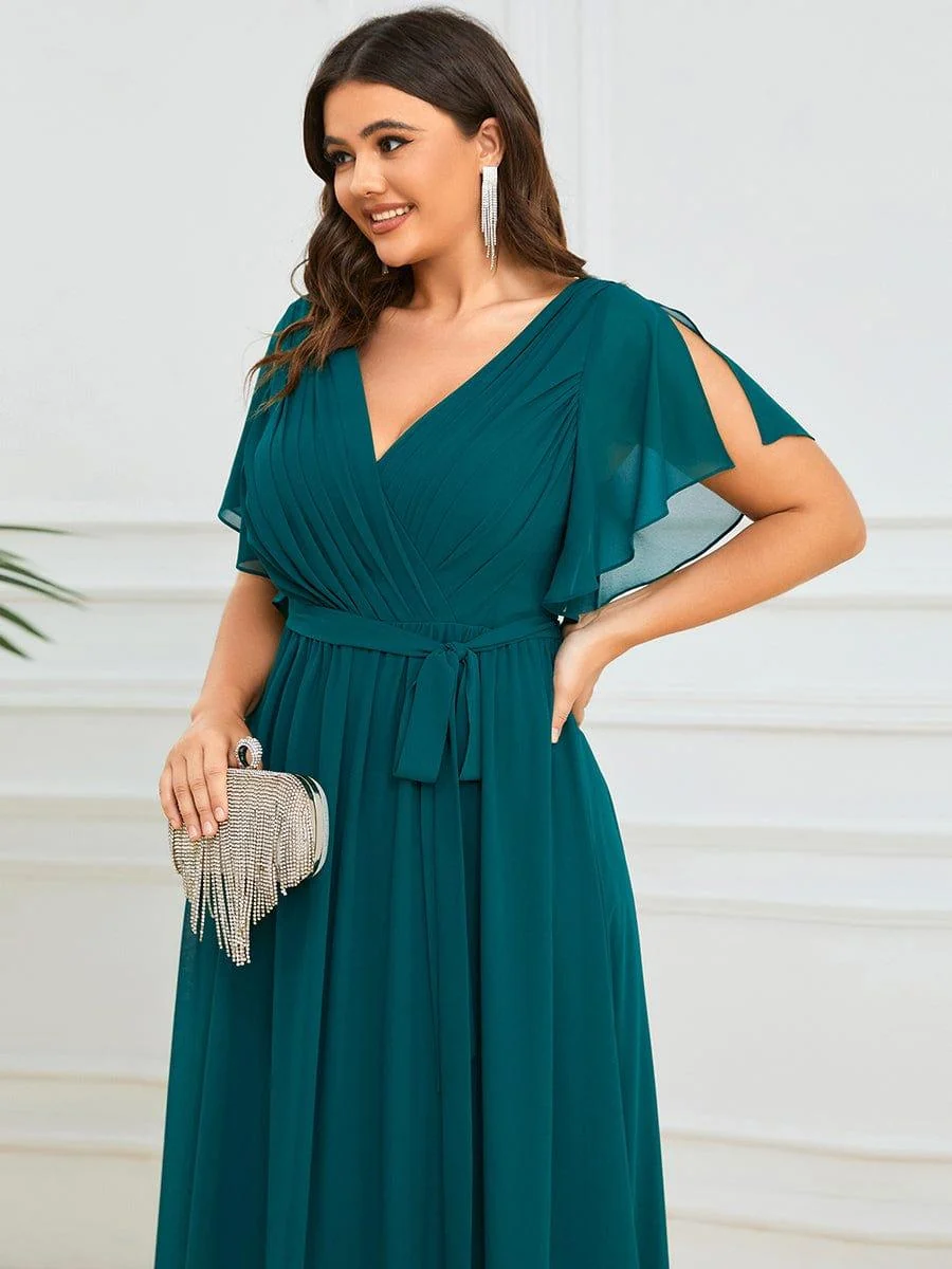 Abendkleid Damen Maxi A-Linie aus Chiffon | Festliches Kleid f��r Hochzeitsg?ste mit V-Ausschnitt und Fl��gel?rmeln