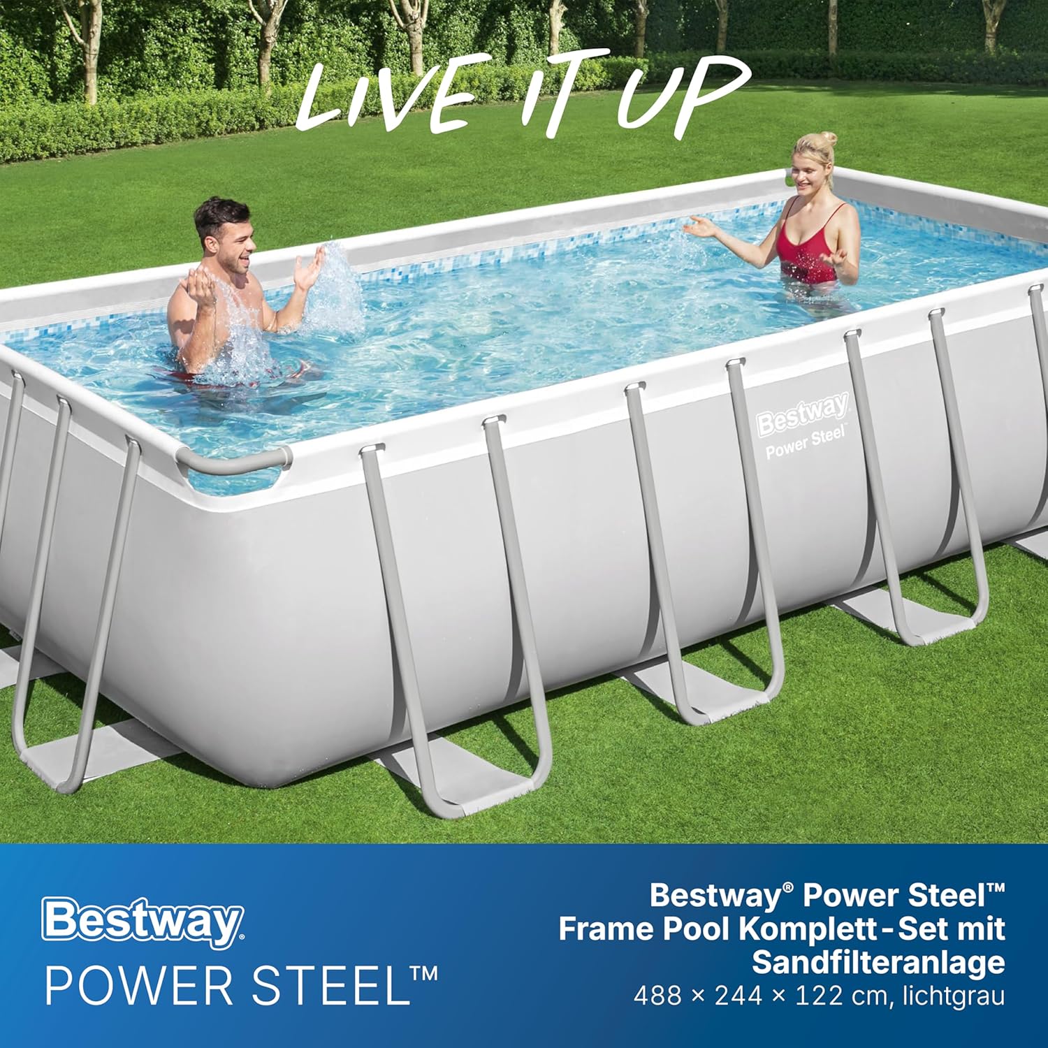Bestway Power Steel Frame Pool Komplett-Set mit Sandfilteranlage 488 x 244 x 122 cm, lichtgrau, eckig