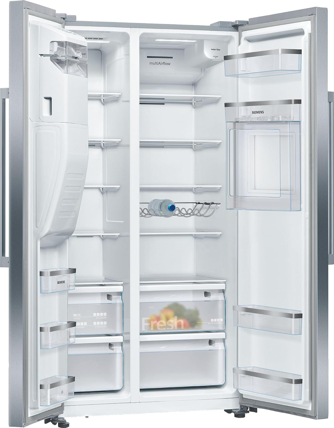 Siemens KA93GAIDP, iQ500, Amerikanischer Side-by-Side, 178,7 x 90,8 cm, 369 L Kühlen & 191 L Gefrieren, noFrost-Frischesystem, Eis- und Wasserspender mit Wasseranschluss, Barfach, Gebürsteter Stahl