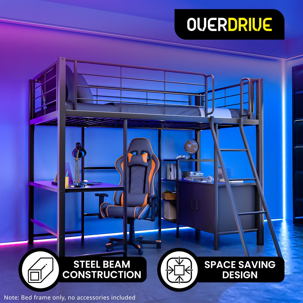 Gaming Loft Bed with Desk and Storage Cabinet, Steel Metal Frame, Space Saving Design, for Single Mattress, Matte Dark Grey
