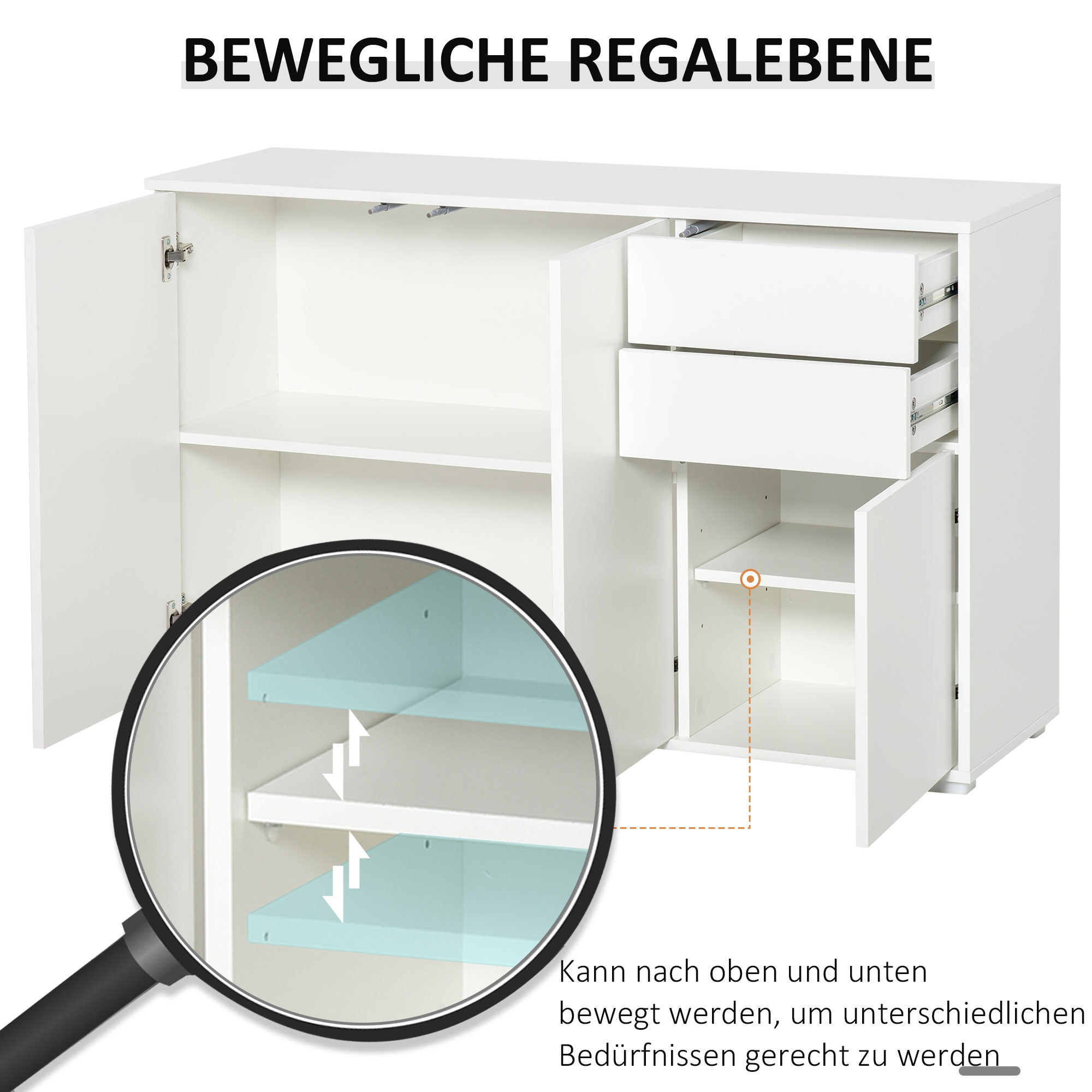 Witte Dressoir Kast, 2 Laden, Push-Click, 117 cm x 36 cm x 74 cm