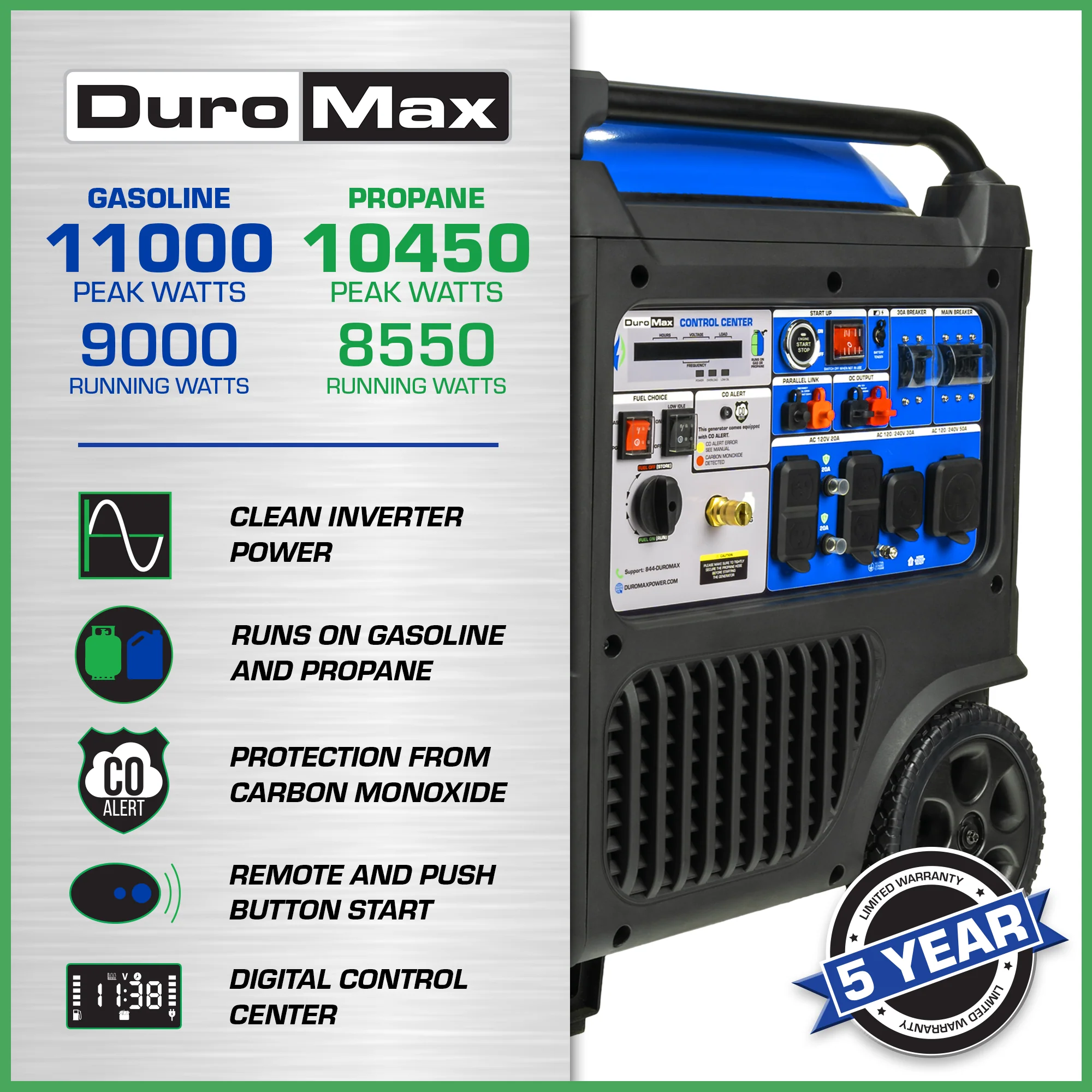 2025 Draagbare Dual-Fuel Inverter Generator van 11.000 Watt met CO-Waarschuwing