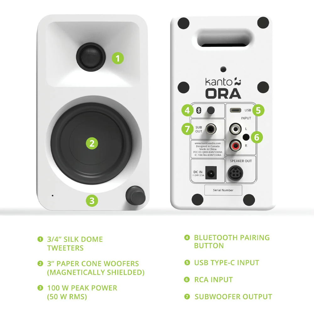 Kanto ORA 100W Powered Reference Desktop Computer Speakers with Bluetooth 5.0 White