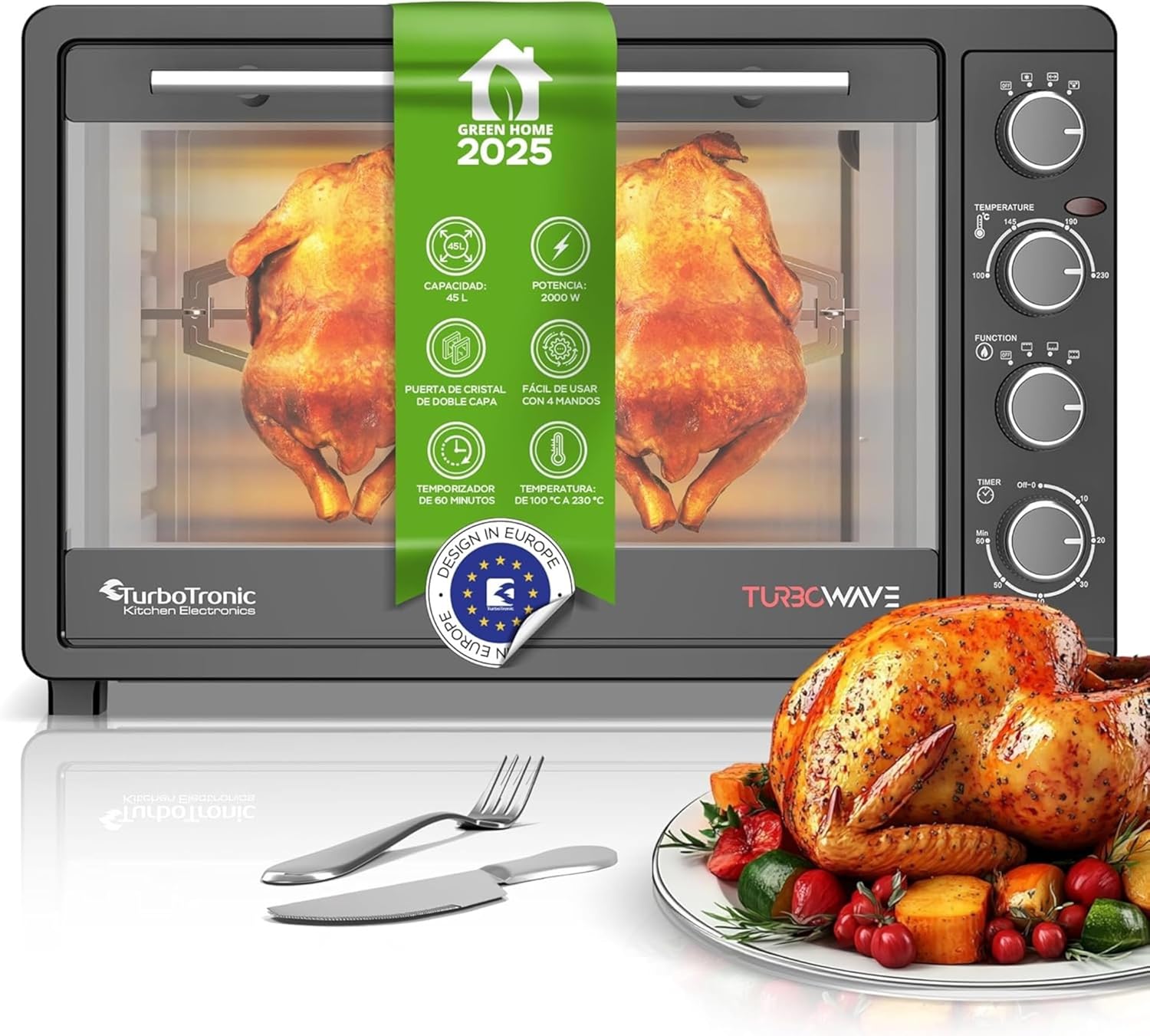 TurboTronic Minibackofen mit Umluft 45L schwarz 2000W, Drehspieß, Timer, Mini Backofen, Pizzaofen, 2 Backbleche, Grill