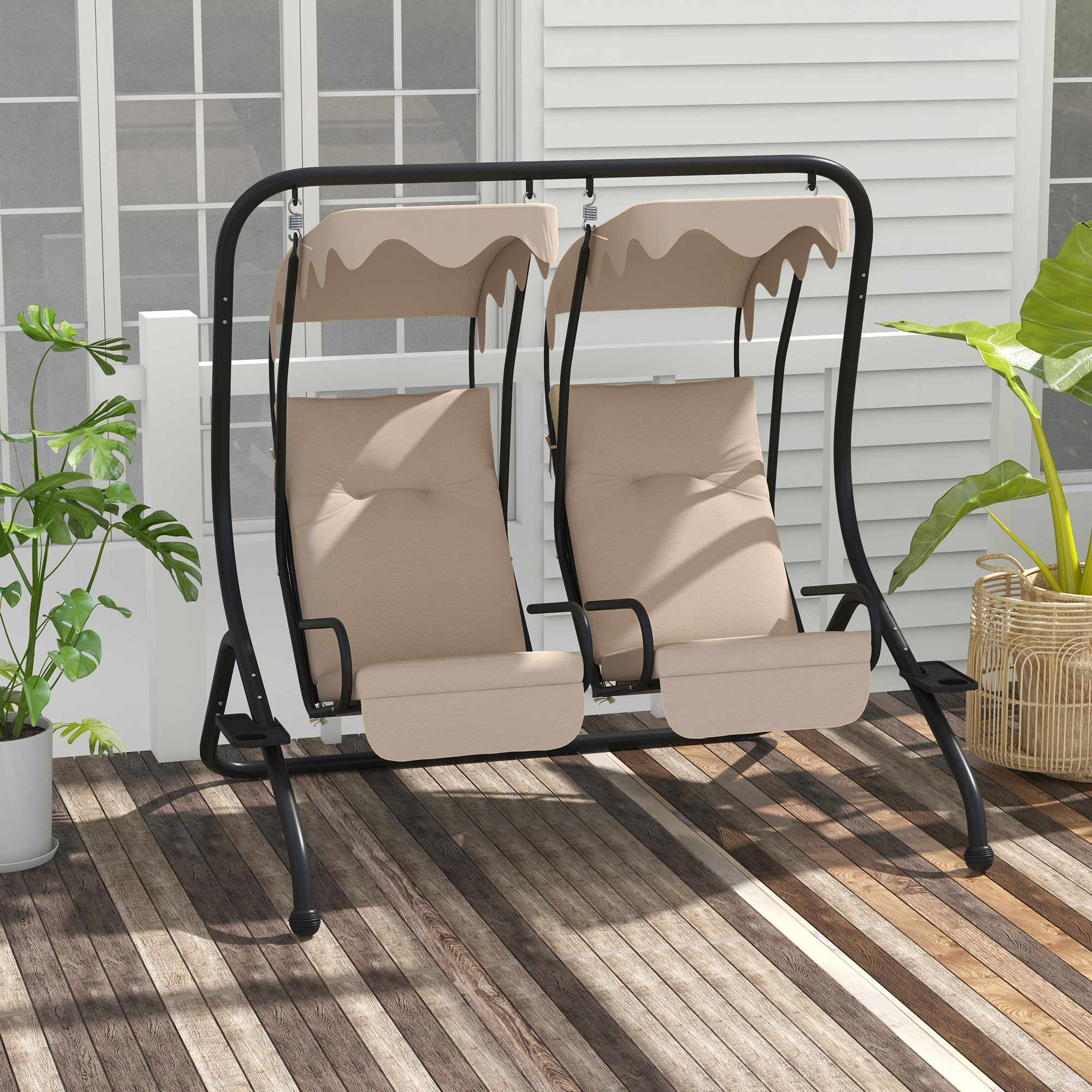 Tuinschommel Hollywoodschommel, weerbestendig, 2 gescheiden zitplaatsen, 2 bekerhouders, 170 cm x 136 cm x 170 cm, Beige