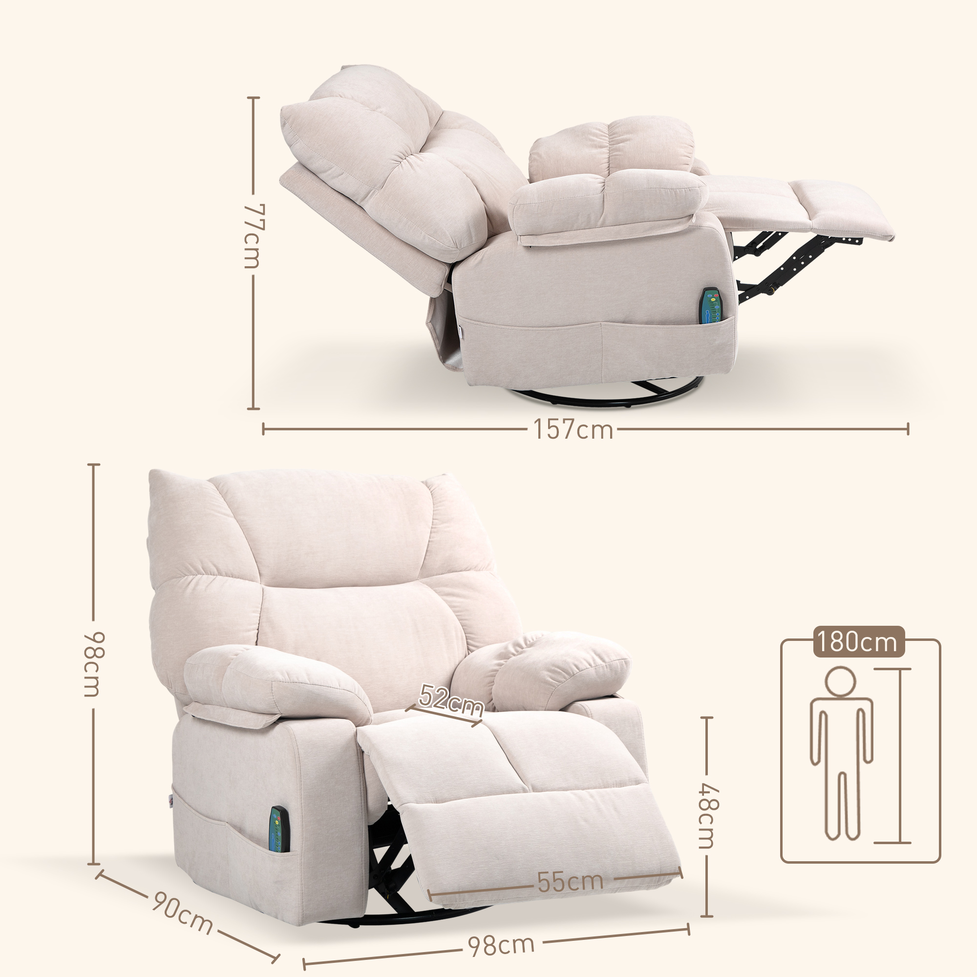 Massagestoel met Verwarmings- & Ligfunctie, Draaibaar, tot 150 kg, Metaal Frame, 98x90x98cm, Beige
