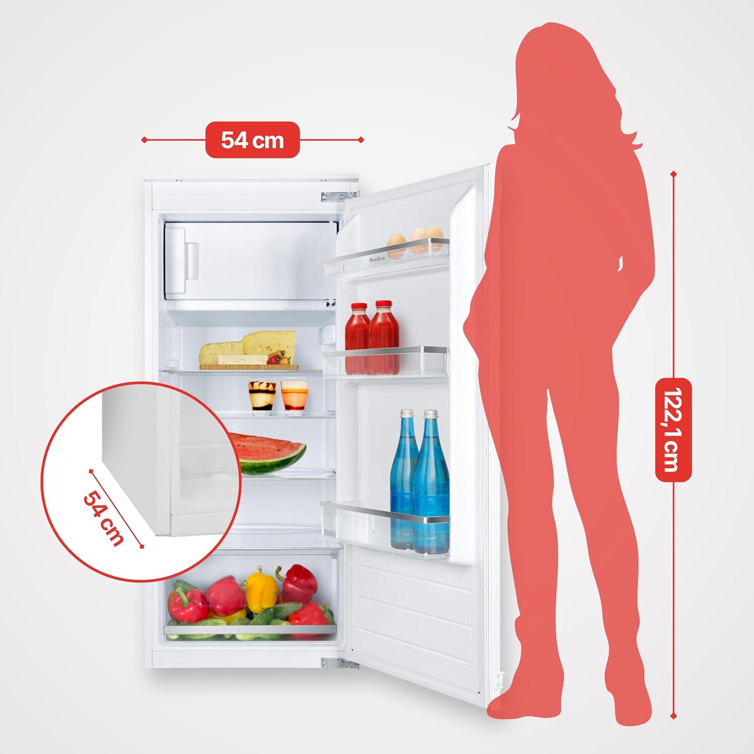 Amica Einbau Kühlschrank mit Gefrierfach 122 cm Nische Schlepptür Technik Inverter Motor elektronische Steuerung LED Beleuchtung Tür Offen Alarm