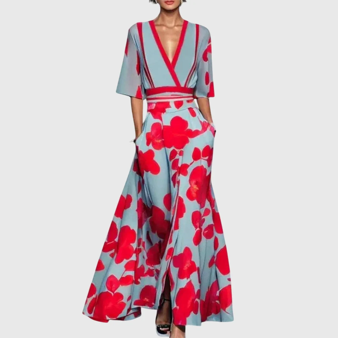 Maxikleid Damen mit V-Ausschnitt und Blumenmuster | Elegantes Wickelkleid mit kurzen ?rmeln f��r festliche Anl?sse und Sommer