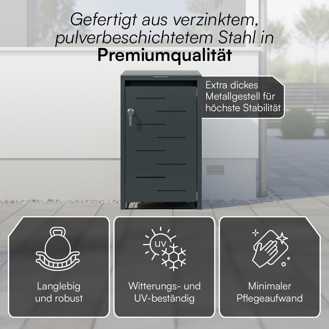 STEELSØN Diorus Mülltonnenbox 1er bis 240L abschließbar – Hochwertige Mülltonnenverkleidung 1 Tonne aus Stahl – Müllbox Müllcontainer Anthrazit - Mülltonnen Box wetterfest – Gerätebox mit Schloss