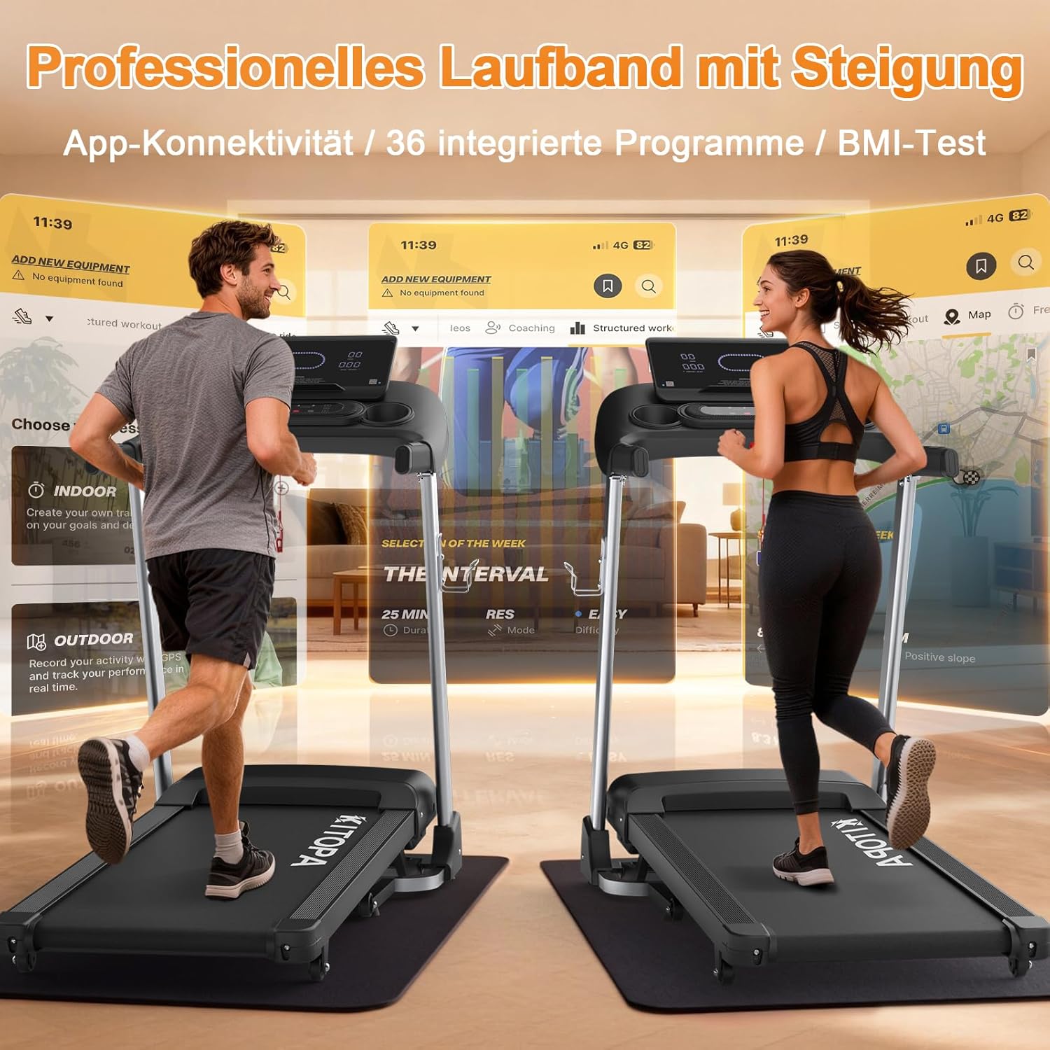 Kitopa Laufband für Zuhause, Treadmill bis 7PS und 20KM/H, Profi Große Lauffläche Laufband mit 18 Steigung, Laufbander Klappbar mit interaktivem LCD-Display & Bluetooth, Laufbander bis 180KG