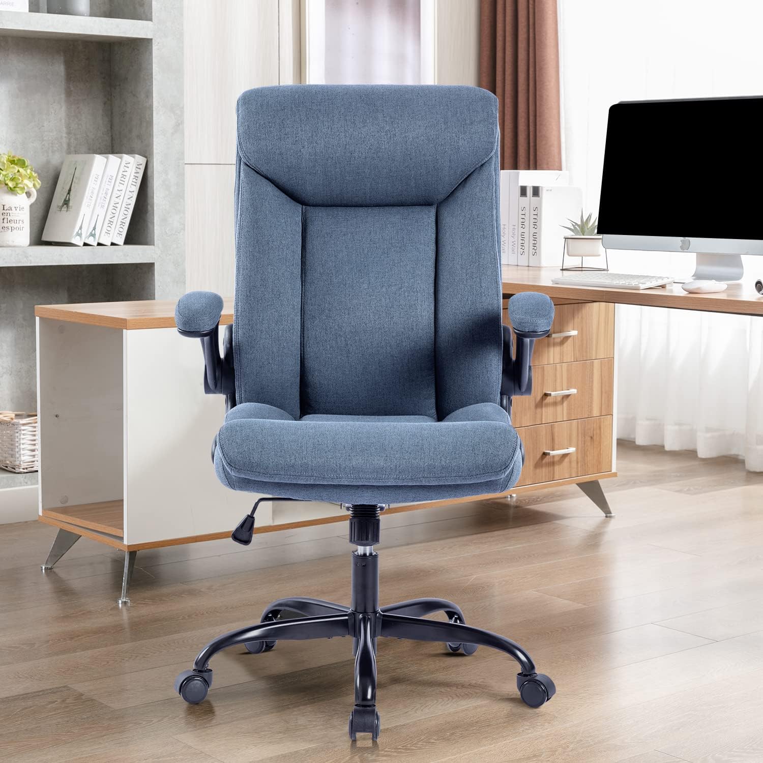 Ergonomiczne krzesło biurowe, krzesło do komputera, obrotowe krzesło robocze ze składanym podłokietnikami, regulacja wysokości, wygodne, do biura, domu, gier (szary materiał) (Czarny)