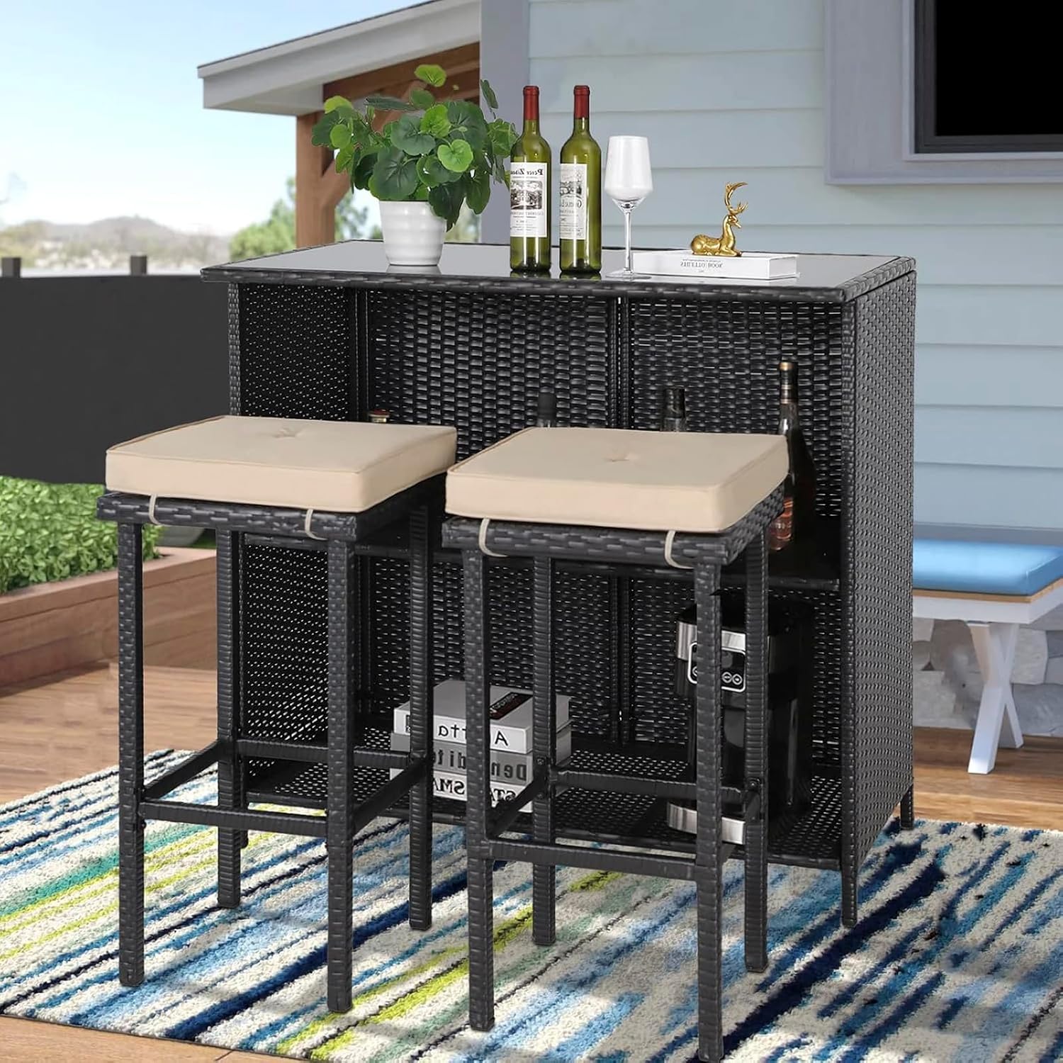 Polyrattan Gartenbar Set Gartenmöbel Sitzgruppe Rattan Bar Tresen Theke Tisch Barset Bartisch Stehtisch Gartentheke Barhocker Bar-Stuhl Sitzgruppe (Braun&Khaki)