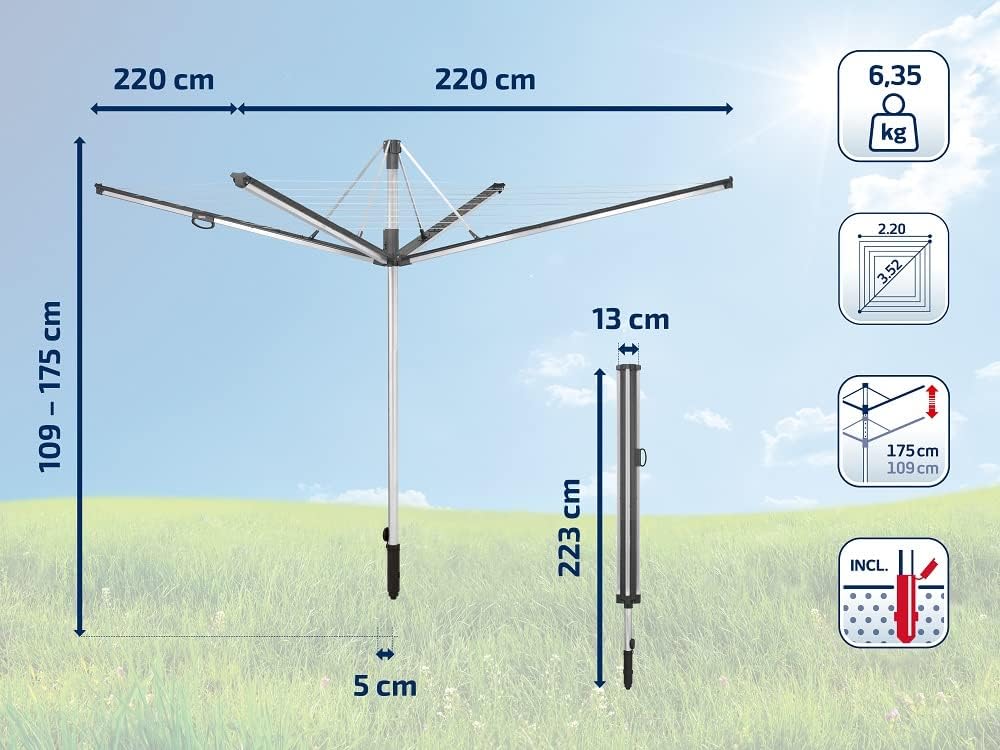 Leifheit Wäschespinne Linomatic 600 Plus, Wäscheschirm mit Leineneinzug für saubere Wäsche, höhenverstellbar, Wäscheständer inkl. Bodenhülse, 60m Wäscheleine, leichtes Öffnen und Schließen