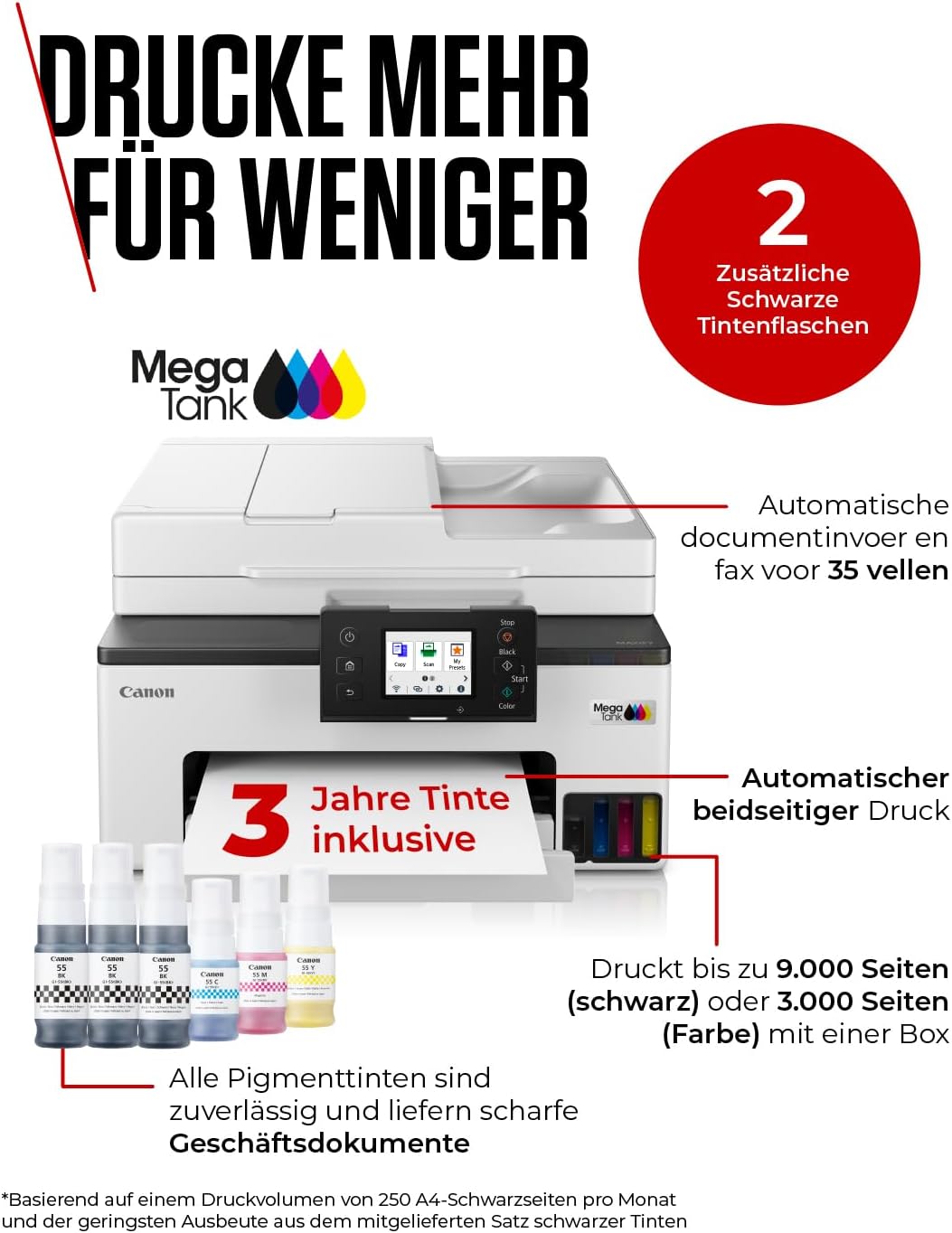 Canon MAXIFY GX2050 Tintenstrahldrucker 4-in-1 Multifunktionsgerät DIN A4 (Drucker, Scanner, Kopierer, Fax, ADF, 600x1200 DPI, WLAN, USB, Duplexdruck, 250 Blatt Kassette) Enthält 6 x Tintenflaschen