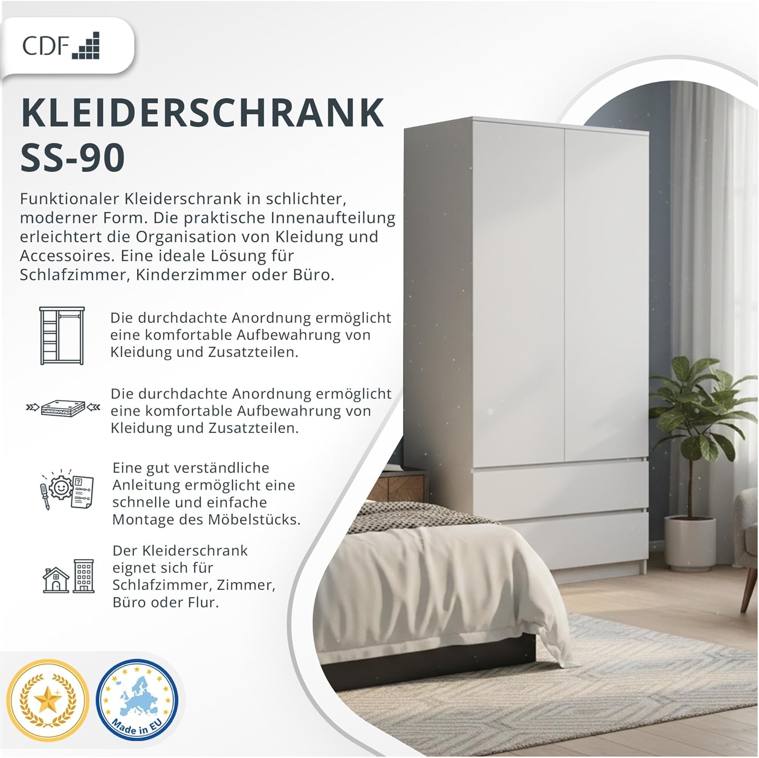 CDF Kleiderschrank Weiß 90cm Breit Kinderzimmer Schlafzimmer 2 Schubladen 2-türig Kleiderschrank Zweitüriger Schrank Moderne Look Alles für die Montage Inklusive Garderobenschrank Klamotten Spielzeuge