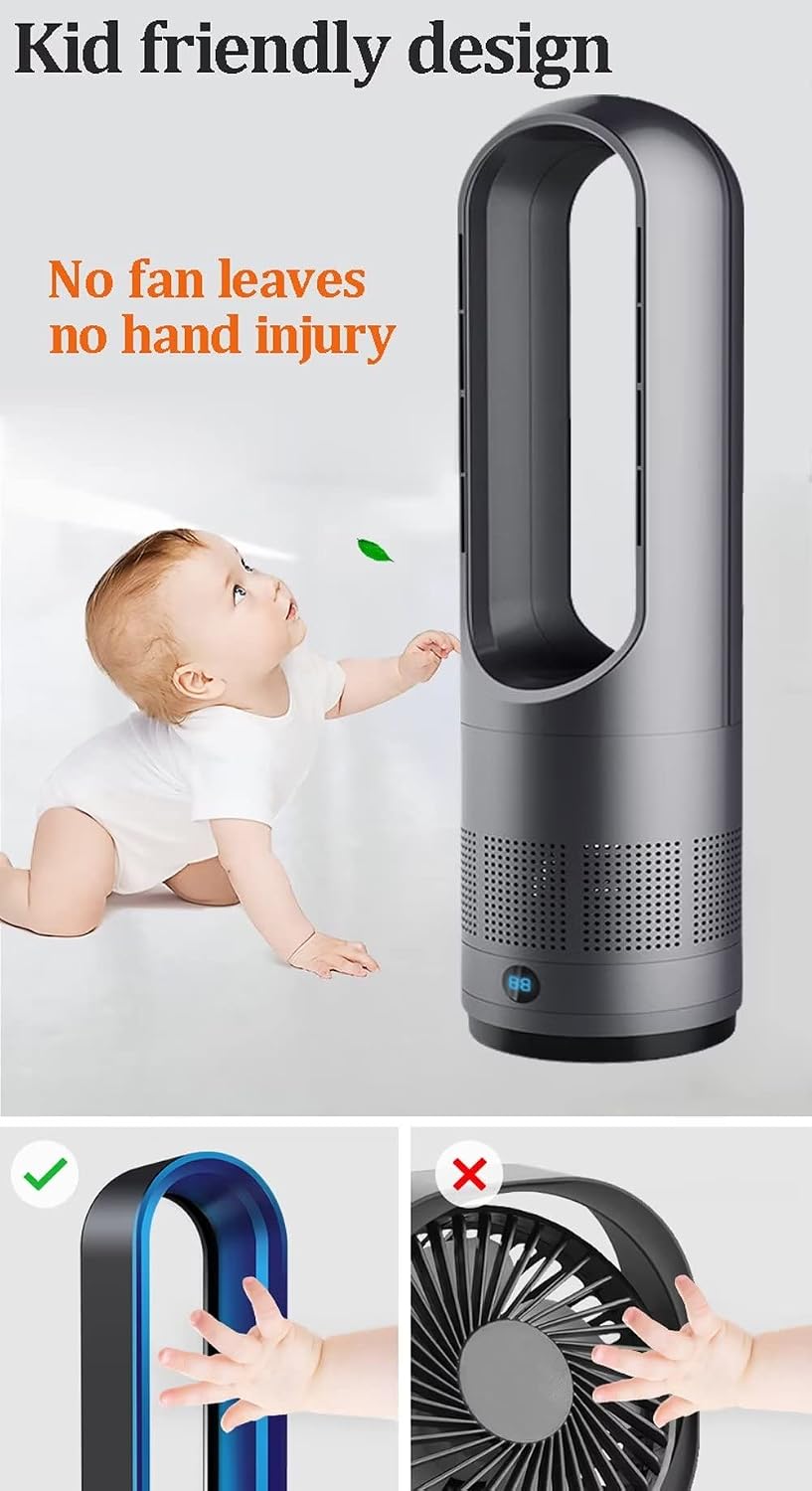 Moderner Turmventilator ohne Flügel, 40 W, natürliche Windkühlung, 80 ° Oszillation mit Fernbedienung, 8 Geschwindigkeitsstufen, 8 Stunden Timer, LED-Anzeige, leise