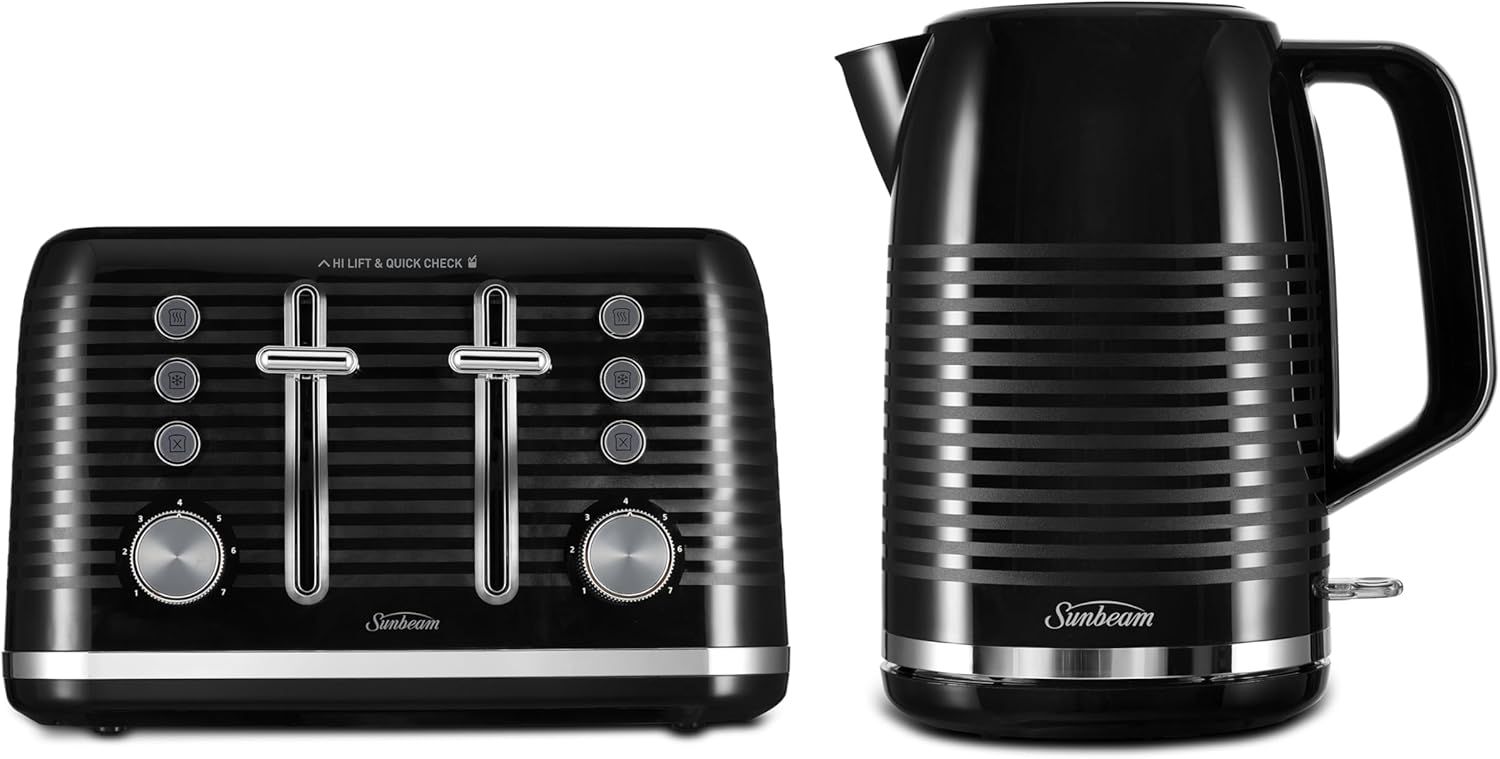 Sunbeam Black Kettle & 4-Slice Toaster Combo, 1.7L, 2400W, 7 Toast Settings