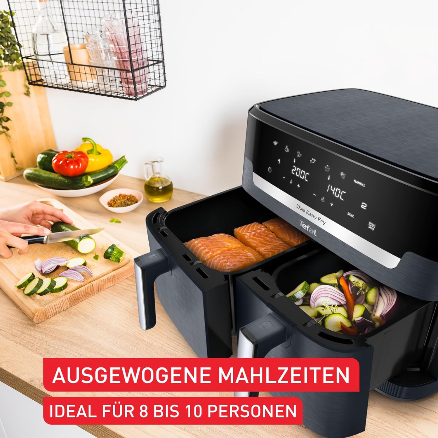 Tefal Dual Easy Fry Heißluftfritteuse Doppelkammer, 5,2/3,1 L Fassungsvermögen, zwei unabhängige Schubladen, 7 automatische Programme, energiesparend, schwarz, EY9018
