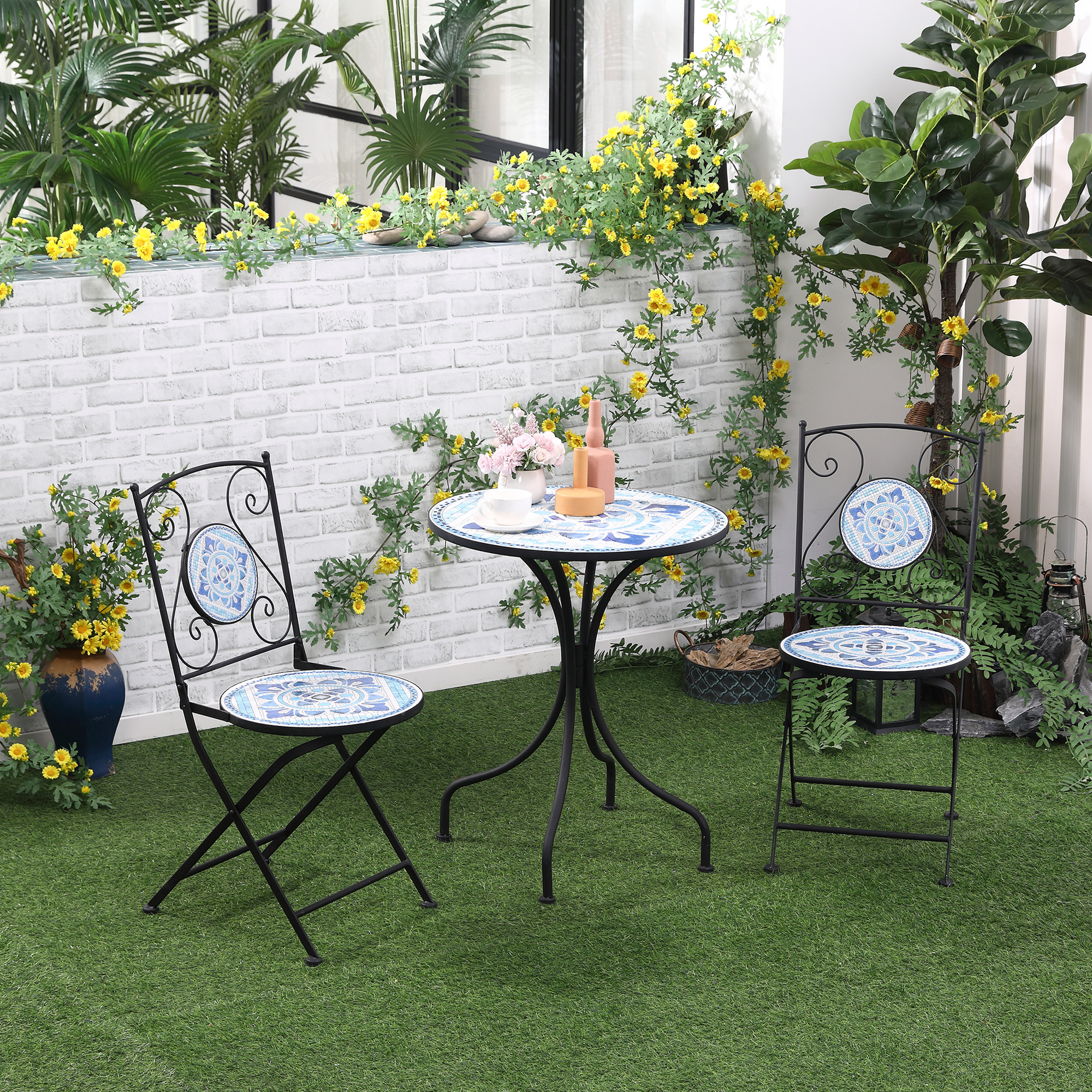 Outsunny Ø 61 cm tuinzitgroep 3-delige bistroset set 1 tafel + 2 klapstoelen voor terrasbalkon staalblauw