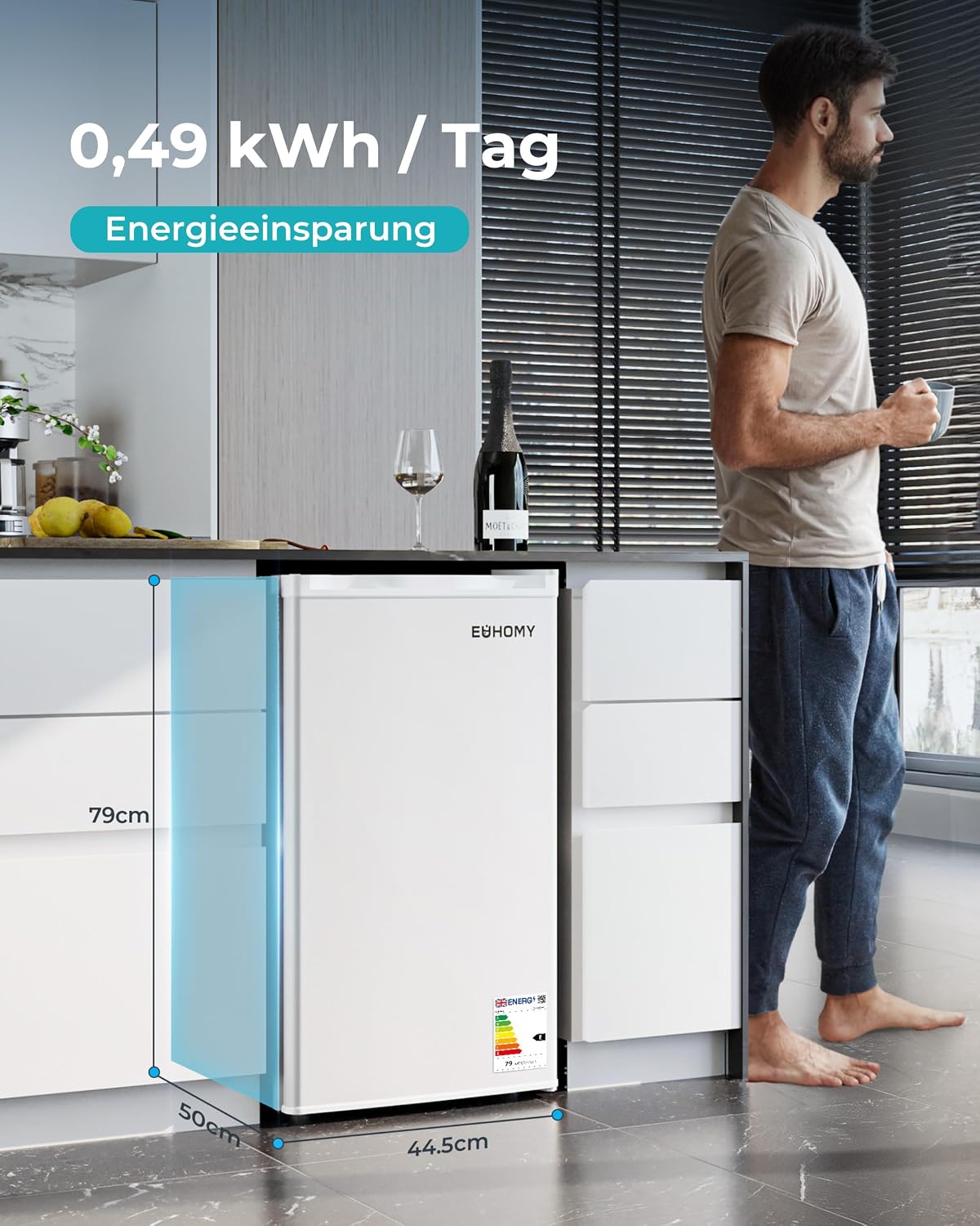 EUHOMY 91L Kühlschrank mit Gefrierfach klein& Gemüsefach (82L+9L) | 38dB Ultra-Leiser Mini Kühlschrank für Schlafzimmer/Büro | 7-Stufen Thermostat, Energieeffizien | 44.5x50x79cm Weiß