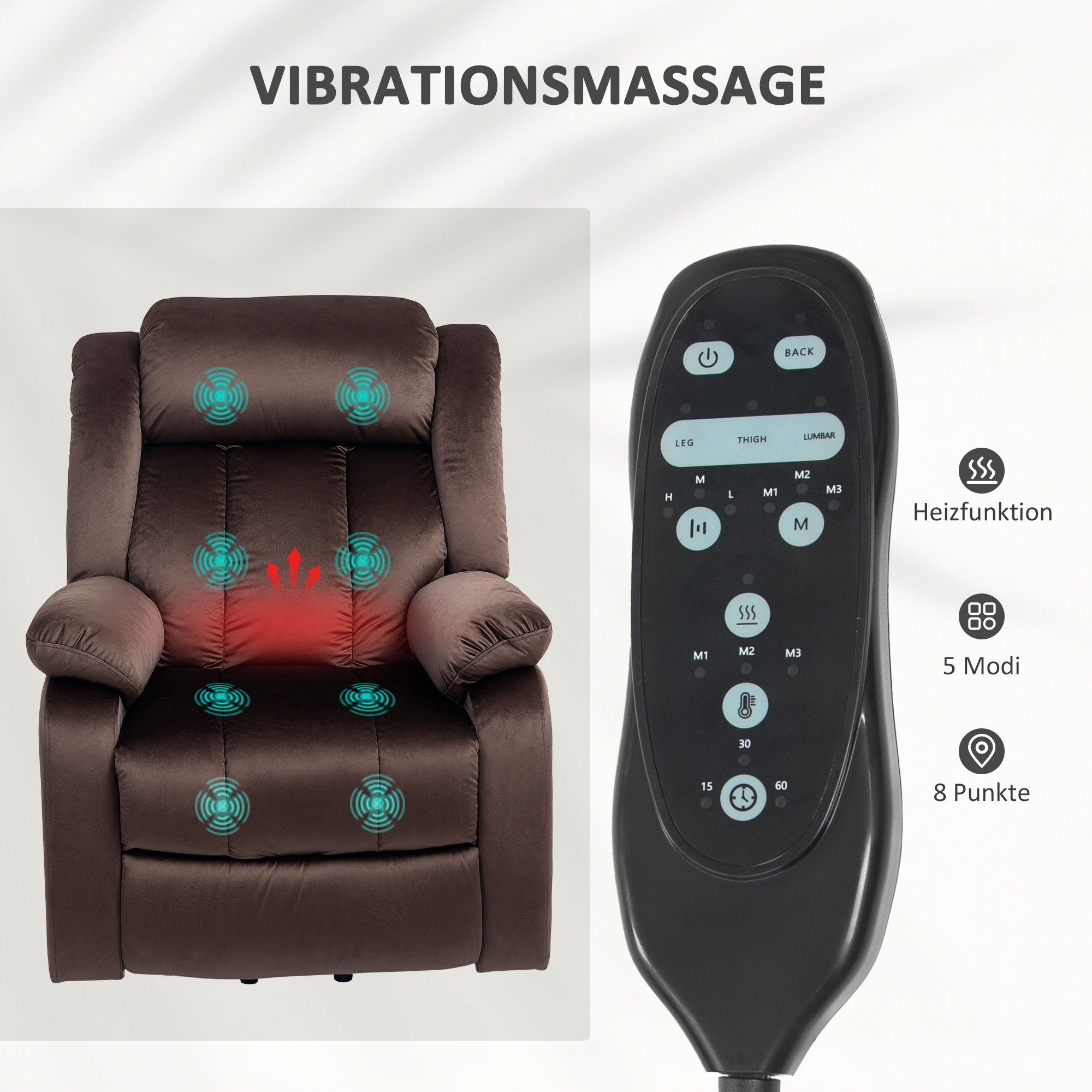 Opstaanstoel met Massagefunctie en Lendenverwarming, Relaxstoel met Afstandsbedieningen en Zijzakken, Bruin