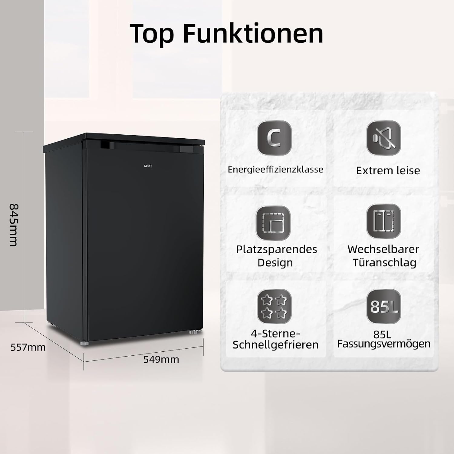 CHiQ 85L Gefrierschrank, 4 Sterne Schnellgefrieren(-24°C) |EEK C, 103kWh/Jahr, 39dB ultraleise| 845mm H,umkehrbare Tür｜Tiefkühlschrank, CSD95BC